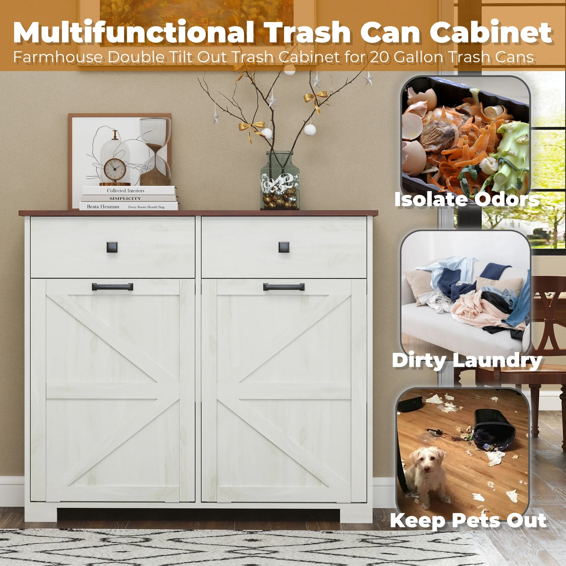 TrumanPick 61"H Large Buffet Sideboard Cabinet, TV Cabinet, Kitchen Pantry for Dining Room, Living Room, 61.3''L x 15''W x 29.8''H, White/Walnut - Image 43