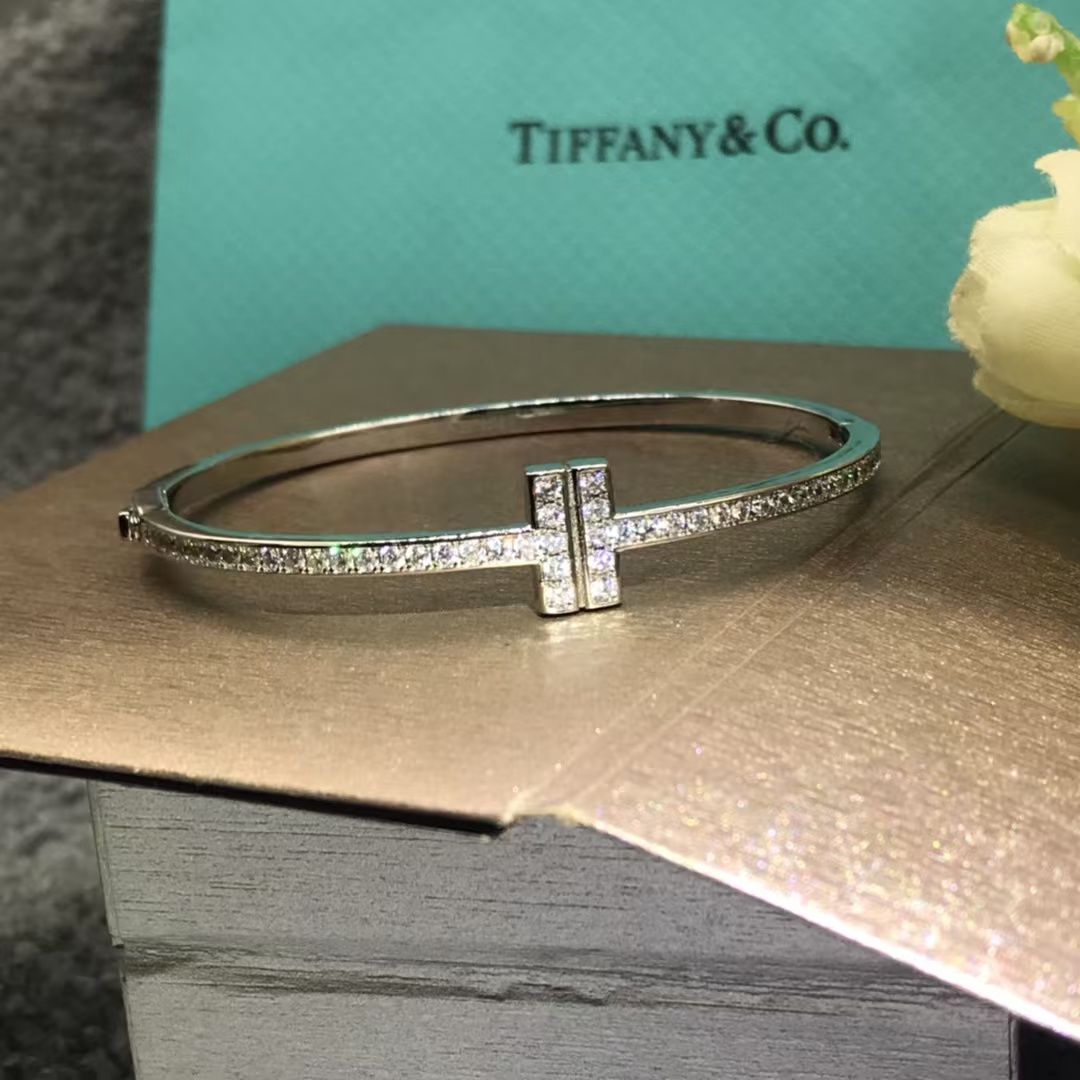 Tiffany Full Diamond Paved Double T Bangle Bracelet - Original Replica Club