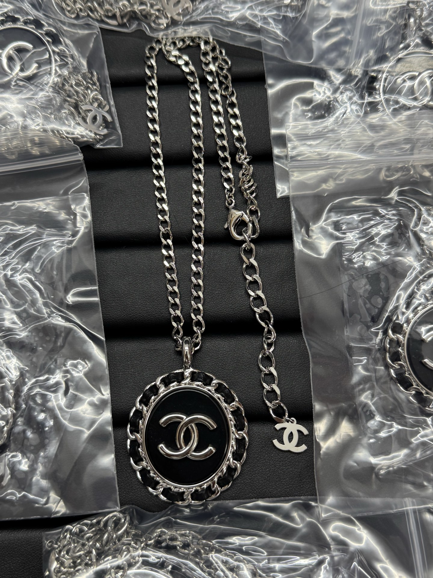 Chanel Large Leather Wrap Black Enamel Oval Pendant Necklace - Original Replica Club