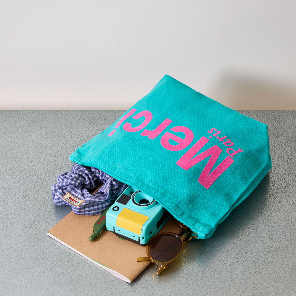 Merci - Pochette en coton - Turquoise & Rose
