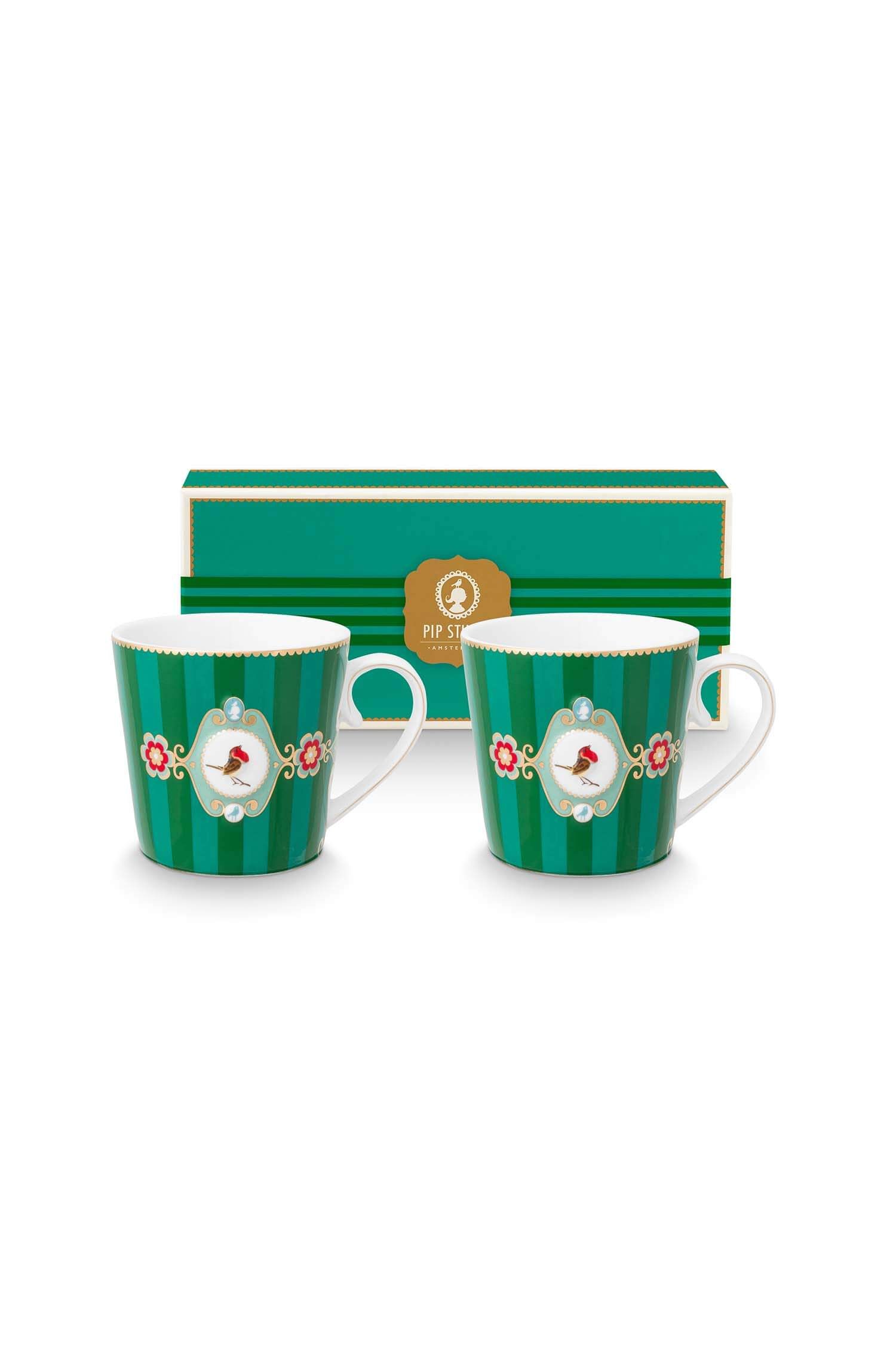 Set/2 Mugs Large Love Birds Medallion Stripes Emerald-Green