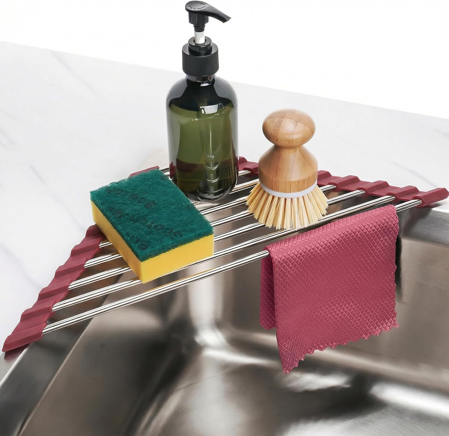 Tomorotec Marble Triangle Roll-Up Dish Drying Rack for Sink Corner - Small, Foldable, Stainless Steel, Multipurpose Kitchen Drainer Caddy, Trivet, Rustproof Organizer, Storage Shelf