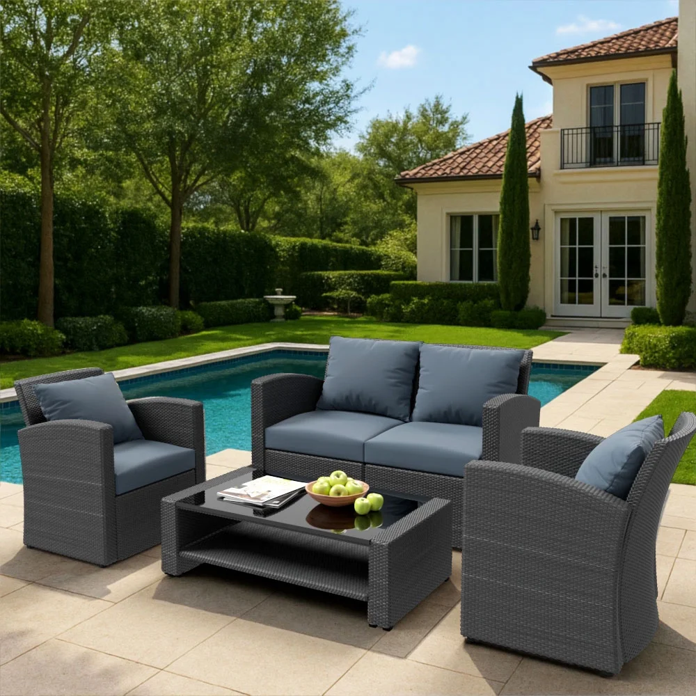 4 Pieces Patio Conversation Set, Outdoor Furniture Set with Cushion, Outside Sectional Rattan Wicker Sofa Furniture Set for Garden, Porch, Backyard, Gray - Image 10