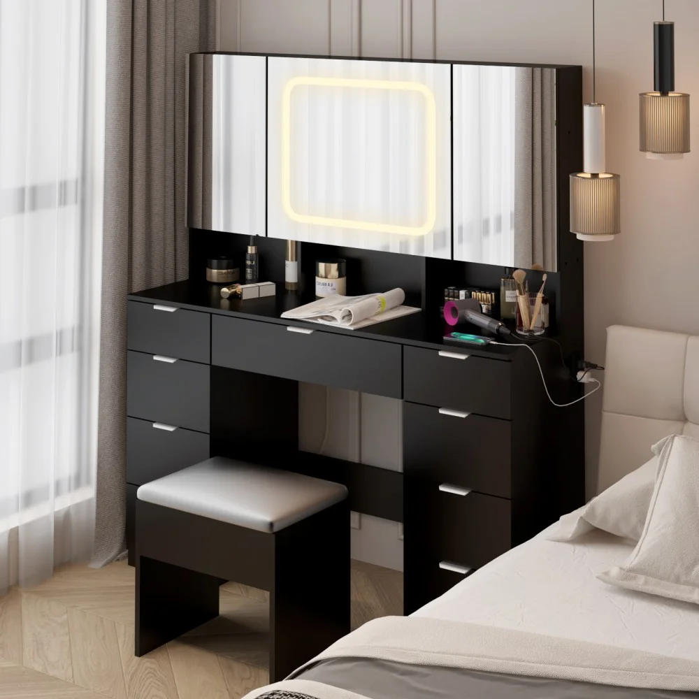 IVV Vanity Desk Set with Large LED Lighted Mirror & Power Outlet, Makeup Dressing Table with 9 Drawers and 3 Cabinets in Mirrored Doors, 47