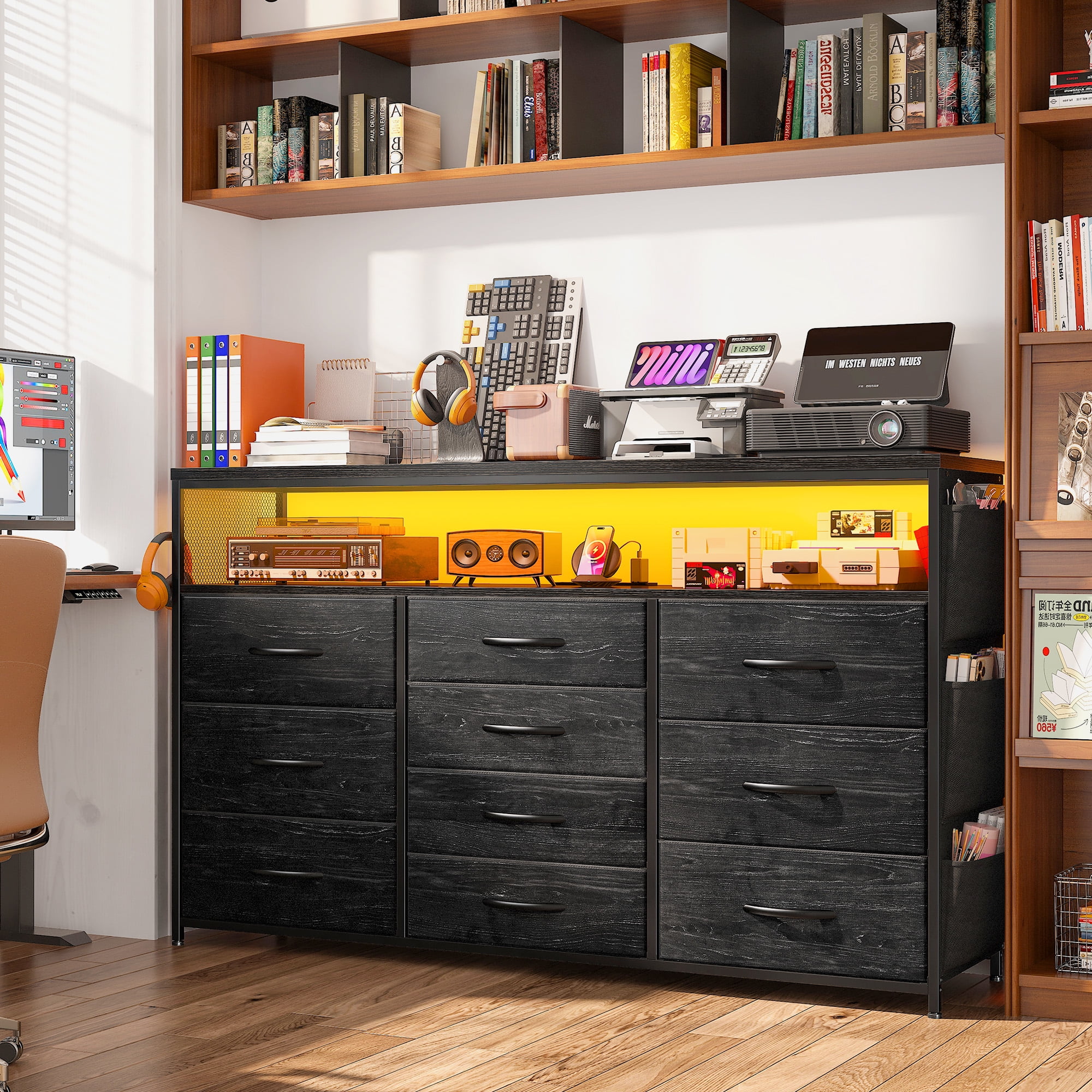 EnHomee Dressers for bedroom TV Stand with Power Outlets &LED Lights Wide Dresser with 10 Drawers&Side Pockets & Hook Fabric Chest of Drawers,Black - Image 10