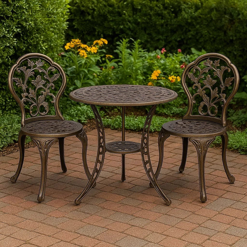 Conjunto de comedor de jardín para 2 personas, Estructura metálica, 2 sillas con diseño floral, 1 mesa redonda, Bronce - ZhDFaOS196cN