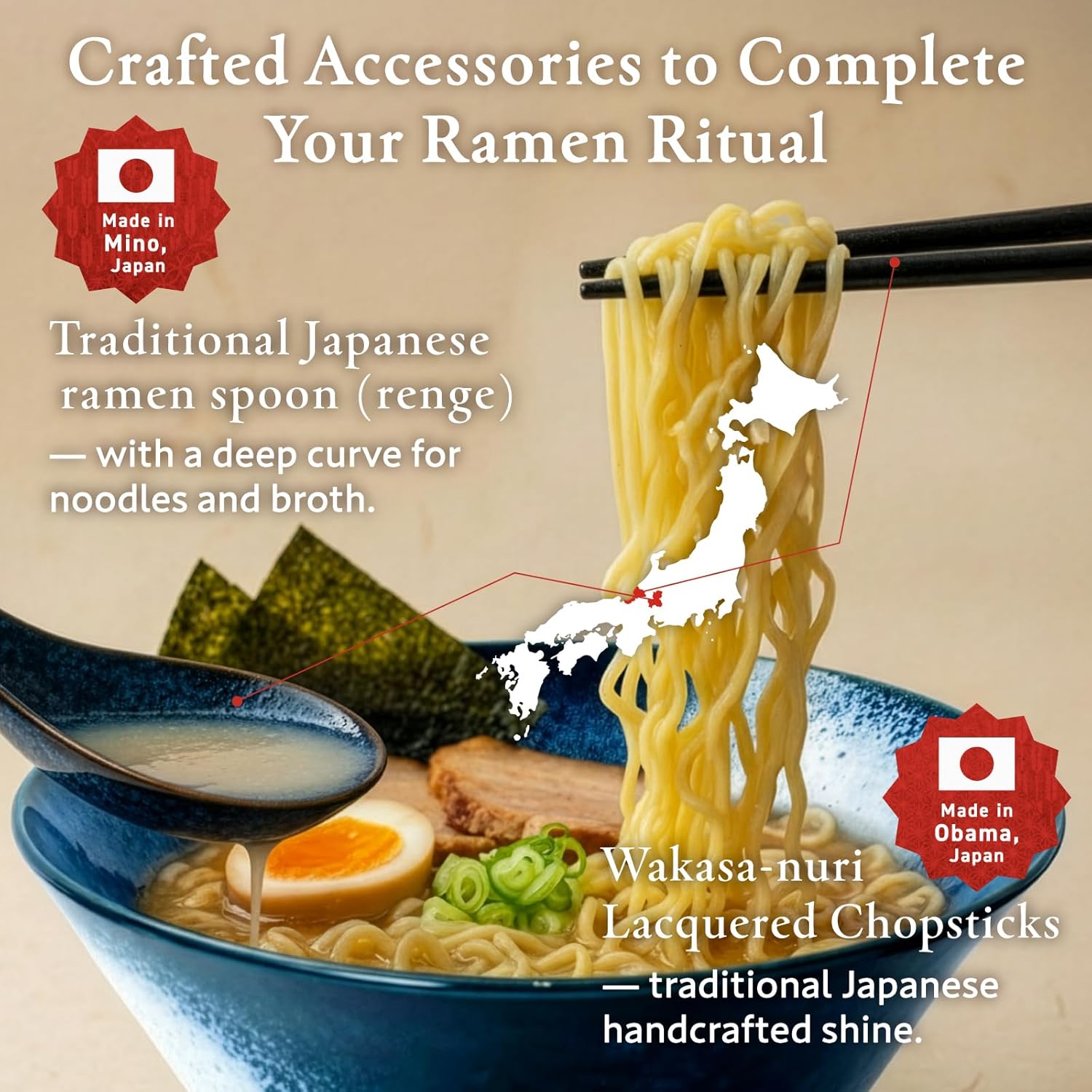 HIBINO Japanese Ramen Bowl Set of 2 | 44 oz Ceramic Ramen Bowls with Chopsticks & Spoons | Made in Japan Mino Ware | Microwave Safe Noodle & Soup Bowls | 6-Piece Dinnerware Set |「Kasumi Indigo」