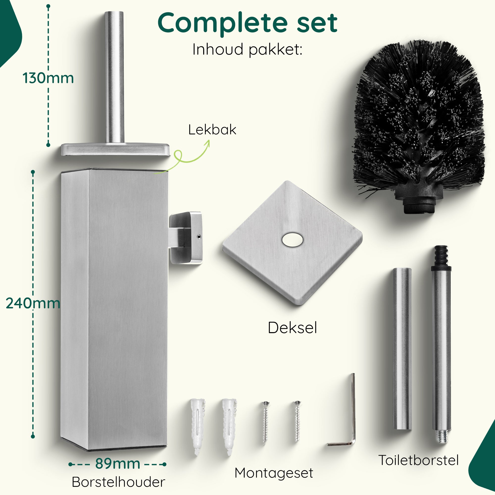 XIVADA Toiletborsterhouder Cira - Vierkant - Boren - Rvs - Zilver