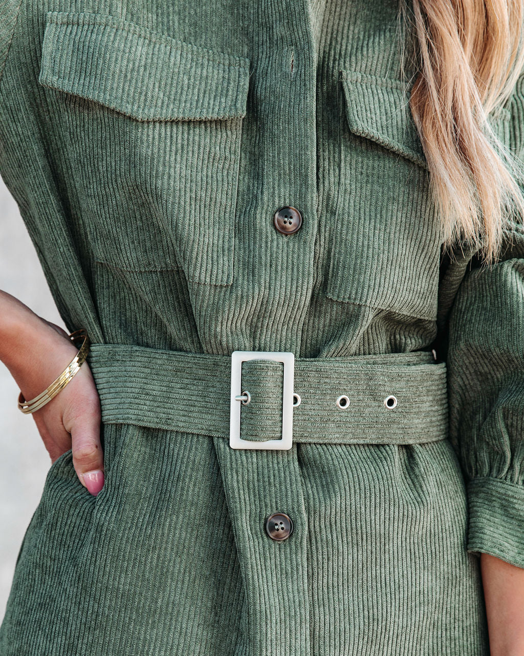 Charlene Corduroy Belted Button Down Shirt Dress - Olive - Se7enfashion