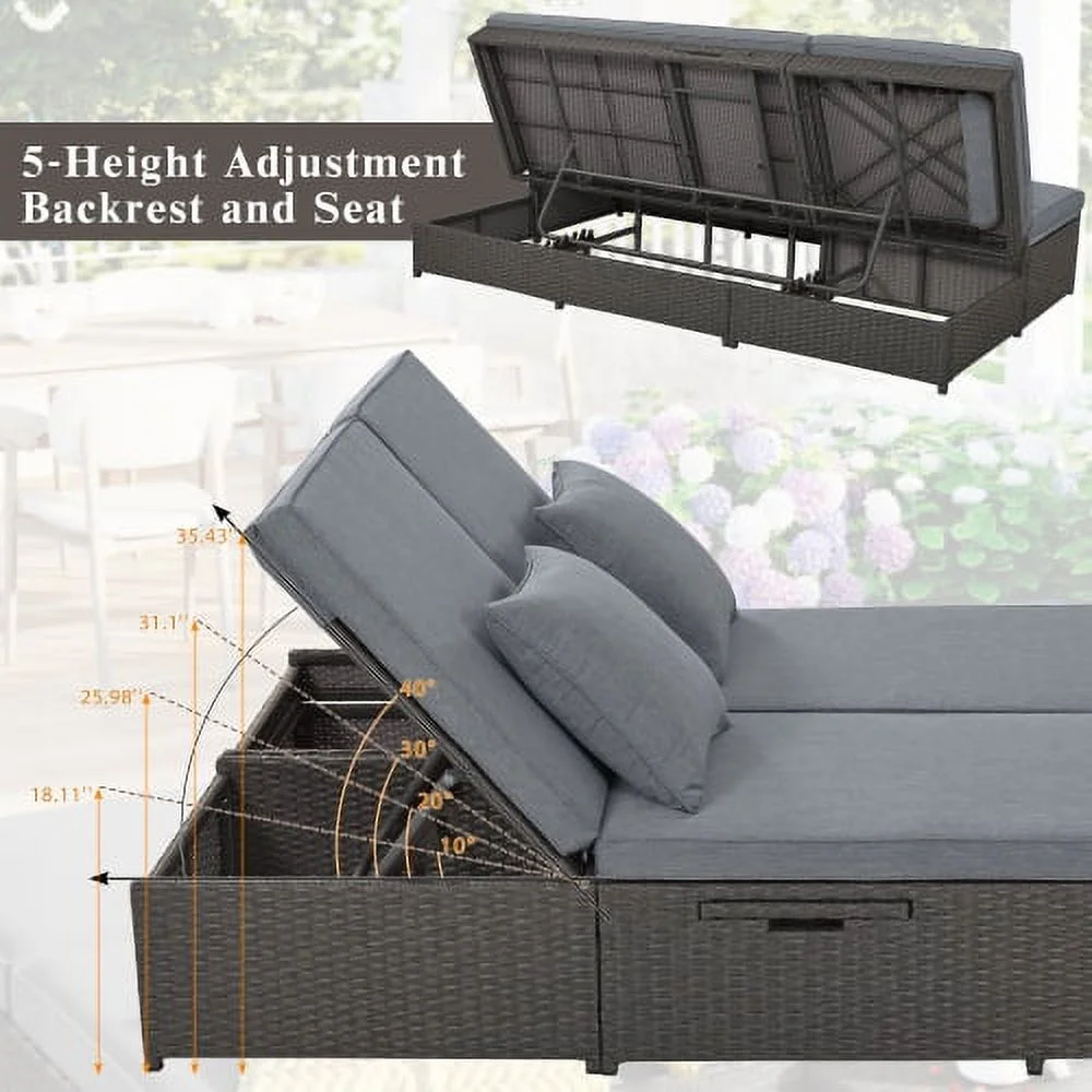 Harper & Bright Designs Rattan Outdoor Double Lounge Chaise 2-Person PE Wicker Outdoor Patio Sunbed with Canopy Cover for Backyard Garden Balcony, Beige+Black - Image 58