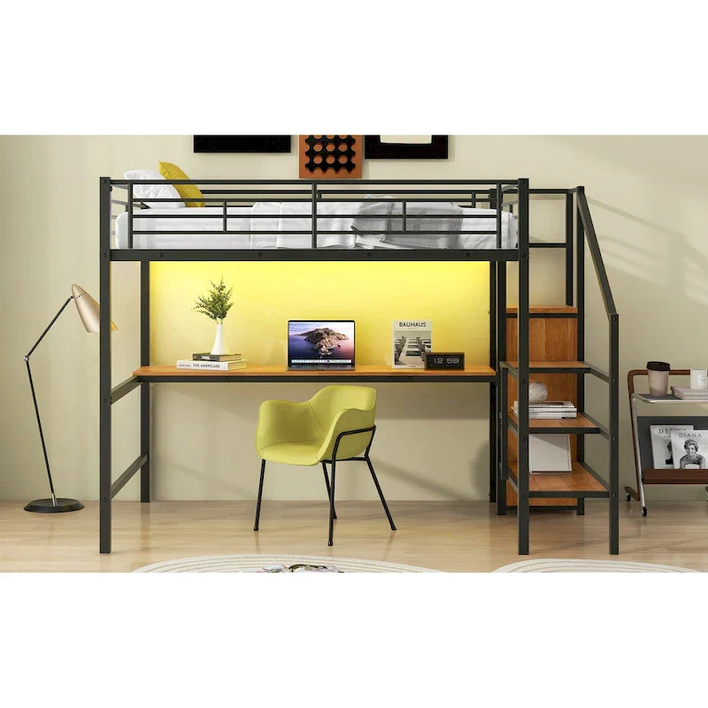 Complete Loft Bed Set with Desk, Storage Staircase, Compact Wardrobe, and LED Lighting