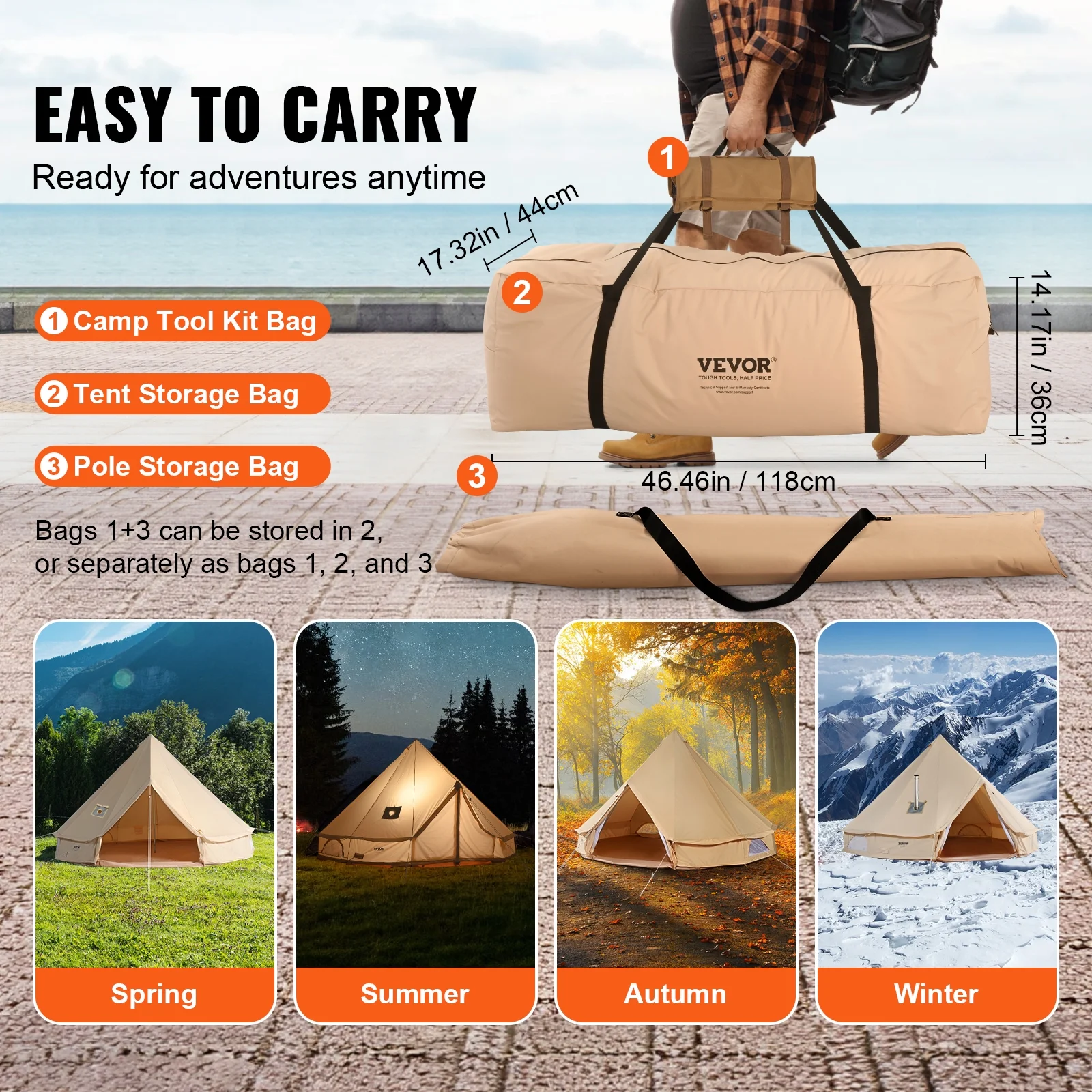 VEVOR Canvas Bell Tent, 4 Seasons 7 m/22.97 ft Yurt Tent, Canvas Tent for Camping with Stove Jack, Breathable Tent Holds up to 12 People, Family Camping Outdoor Hunting Party - Image 6