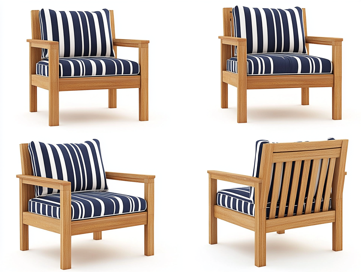 Sillón de madera para exterior con cojines a rayas azul marino y blanco, estilo náutico