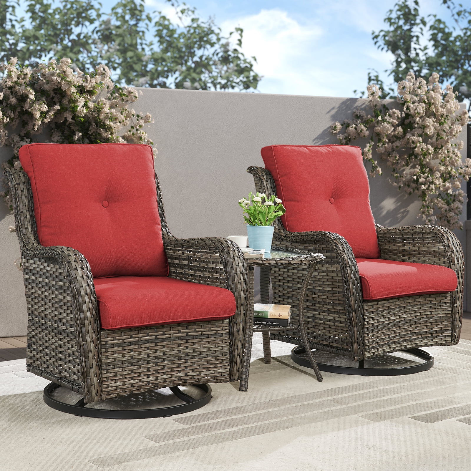 POCASSY 3 Piece Patio Set Outdoor Wicker Glider Rocking and Swivel Chairs with Cushions - Image 45