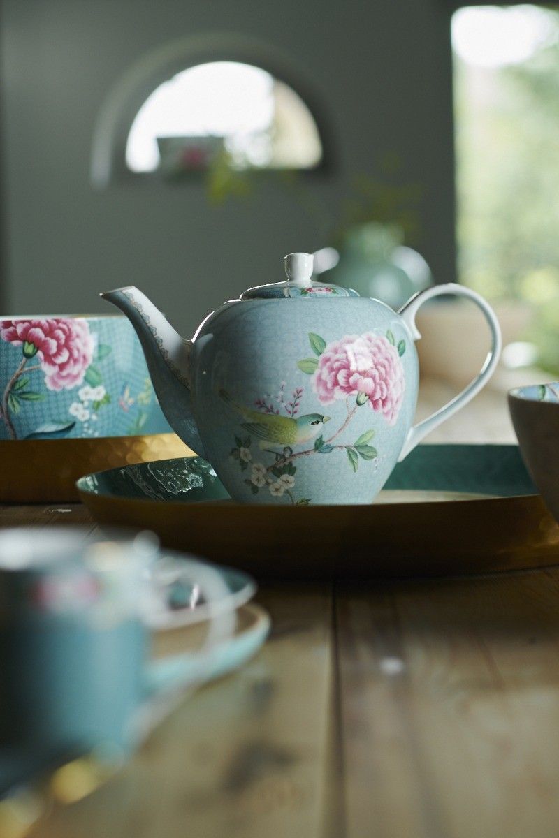 Tea Pot Large Blushing Birds Blue