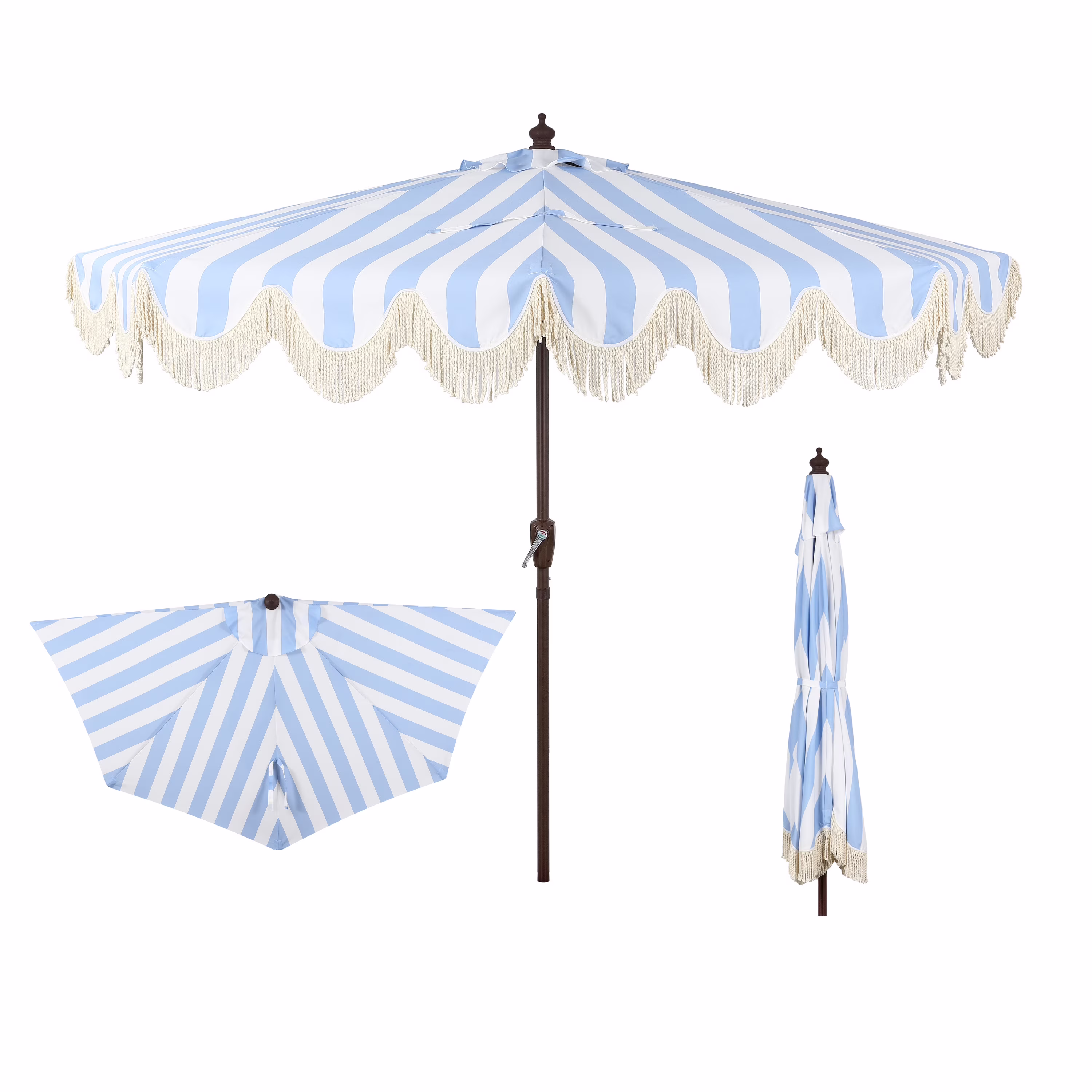 JONATHAN Y Beverly 9 ft. Half Market Patio Umbrella, Designer Classic Scalloped Fringe with Crank, Tilt Button and UV Protection, Blue/White/Cream, Dark Brown Pole - Image 9