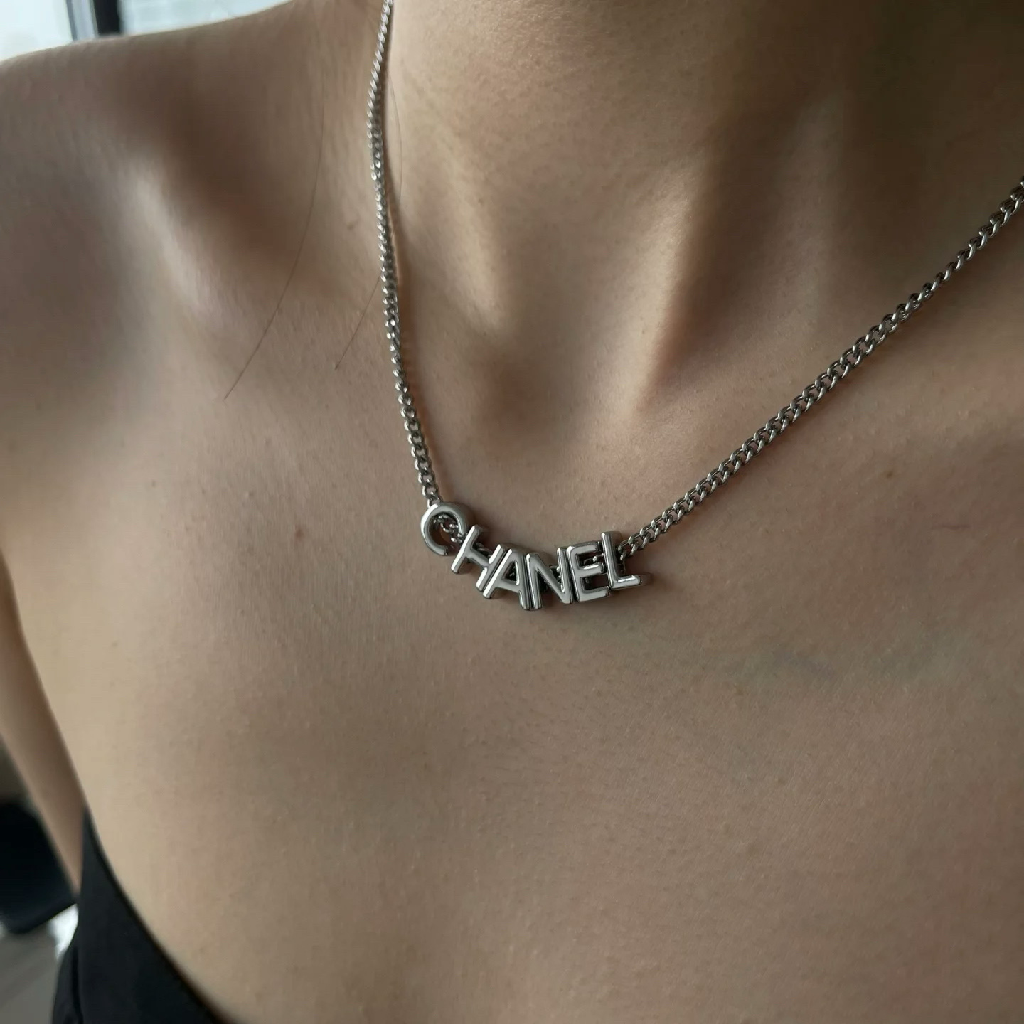 Chanel Unisex Silver Cuban Chain Monogram Necklace - Original Replica Club