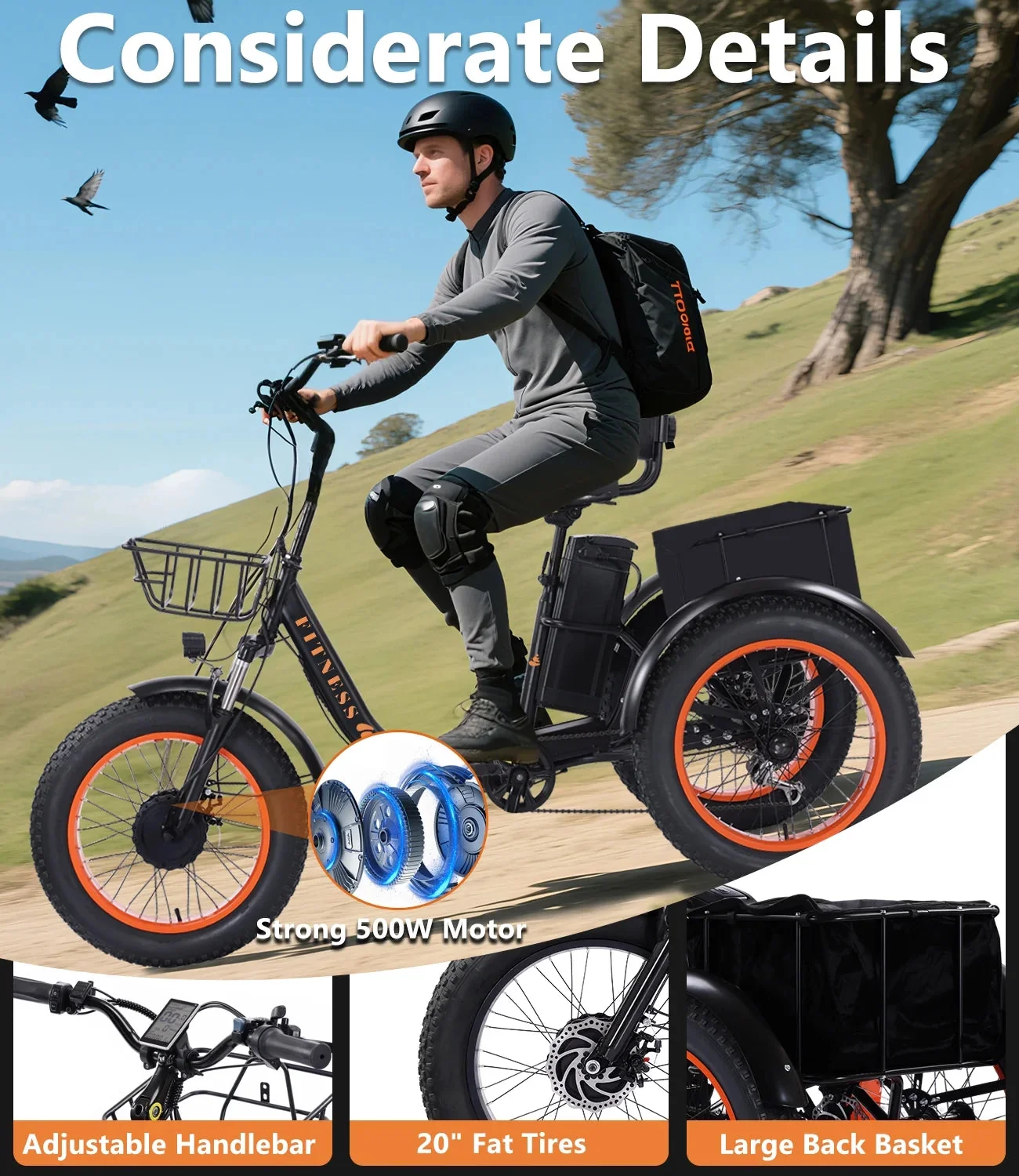 YEBEI Folding Electric Tricycle for Adults, 500W Motor, 48V15AH Lithium Battery, 20 x 4.0 in Fat Tires - Image 9 YEBEI Folding Electric Tricycle for Adults, 500W Motor, 48V15AH Lithium Battery, 20 x 4.0 in Fat Tires - Image 9