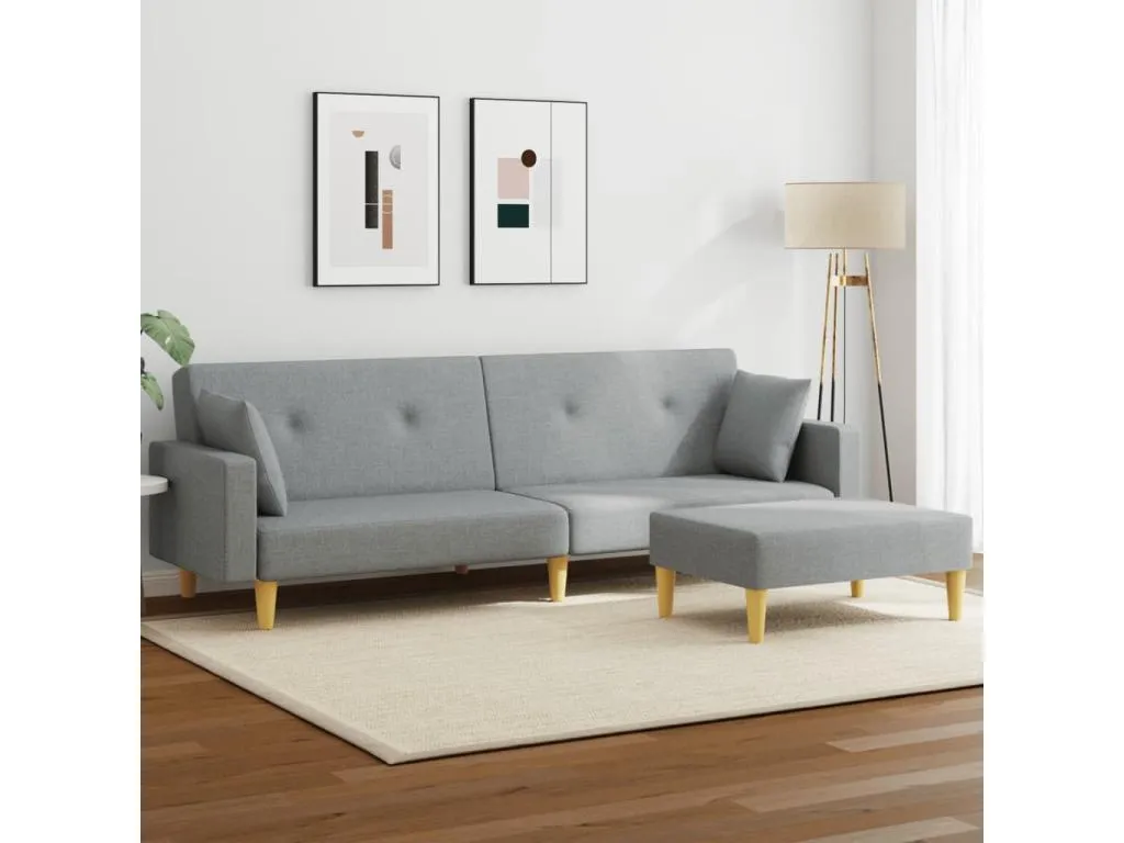Sofá cama de 2 plazas con taburete tela gris claro