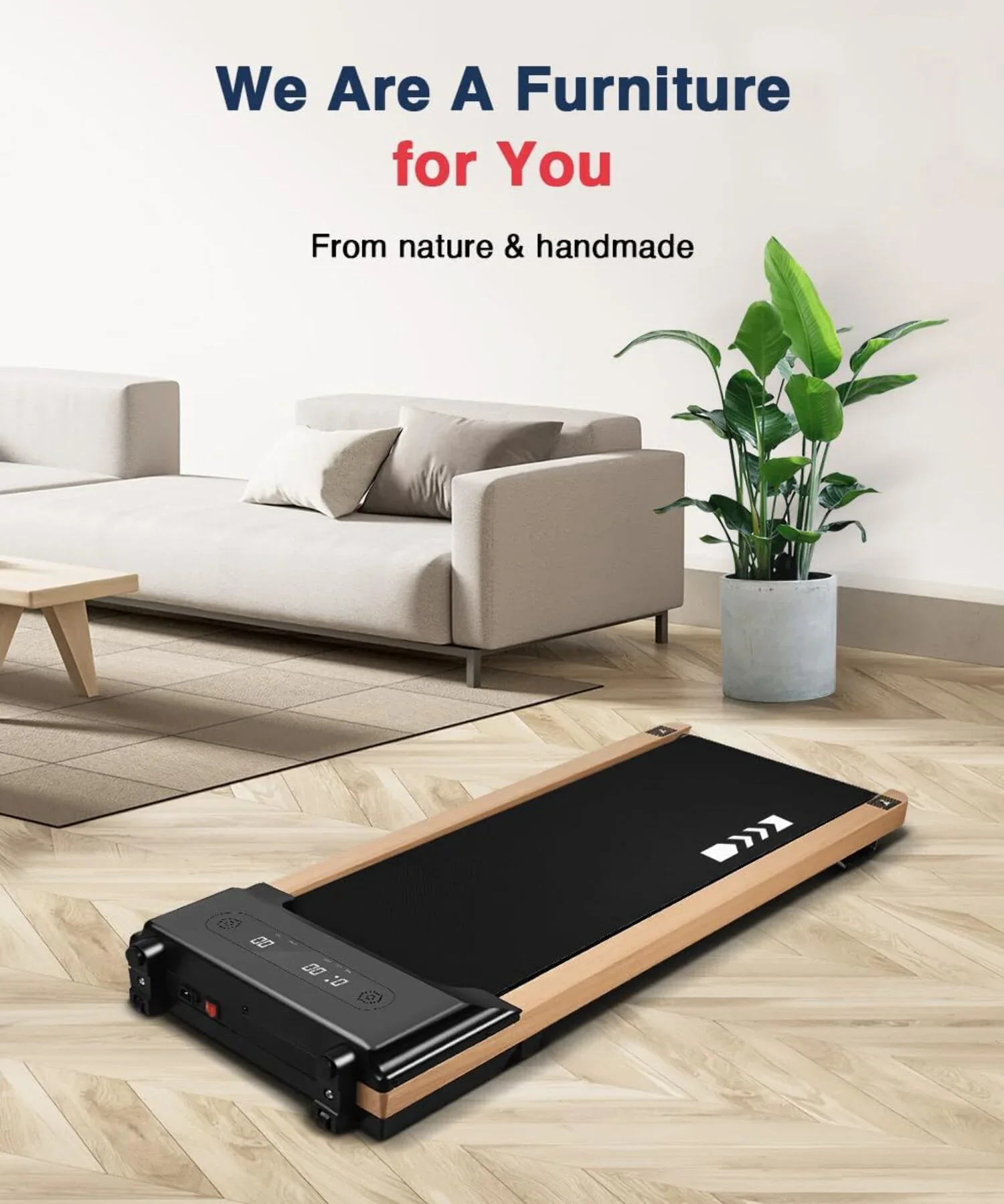 Ecotronic Indoor Electric Walking Pad with Natural Wood Finish, 2.25HP Motor, LED Display, Remote Control, and Incline