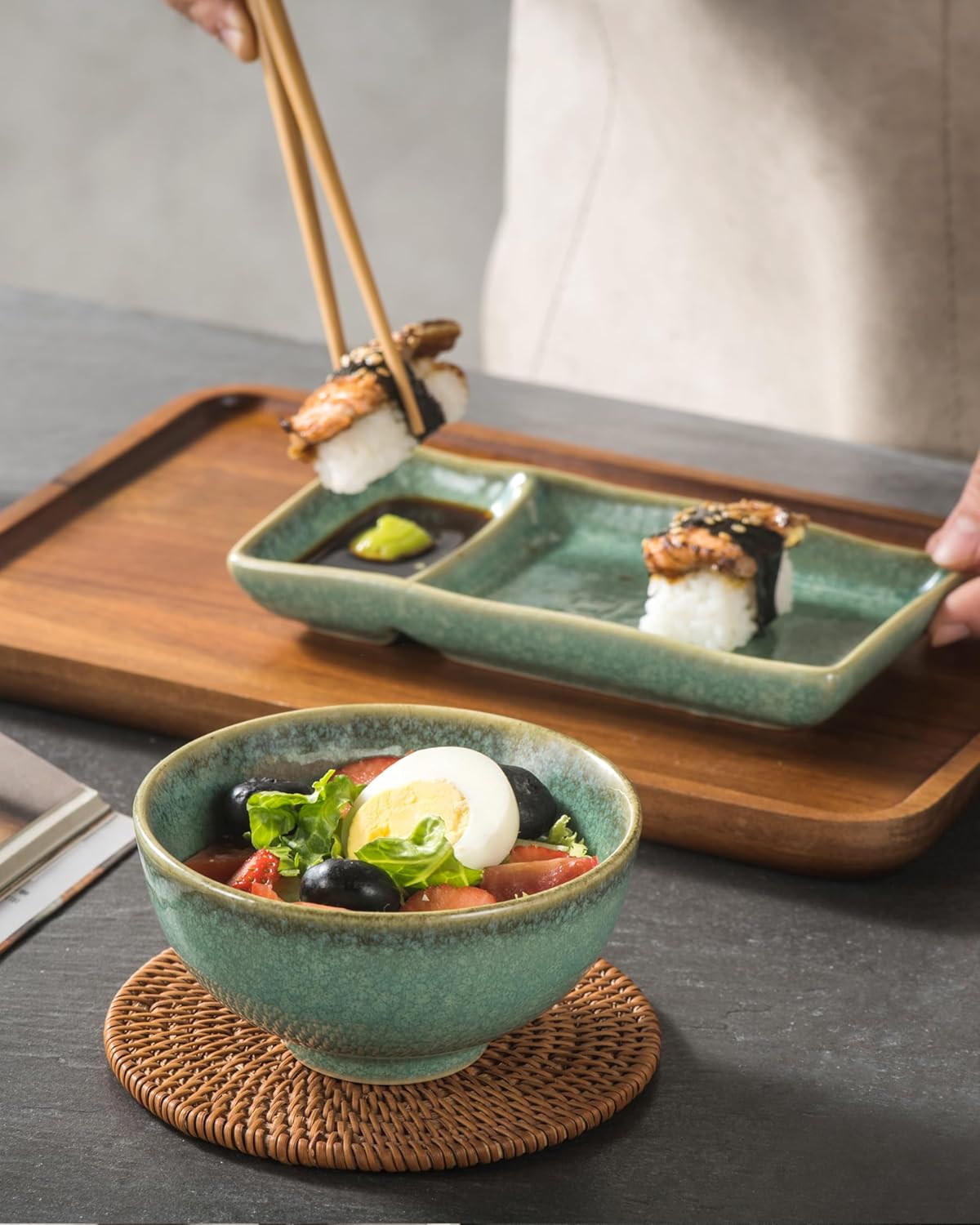 HENXFEN LEAD Ceramic Japanese Appetizer Sushi Plates and Bowls Set for 2 | 7