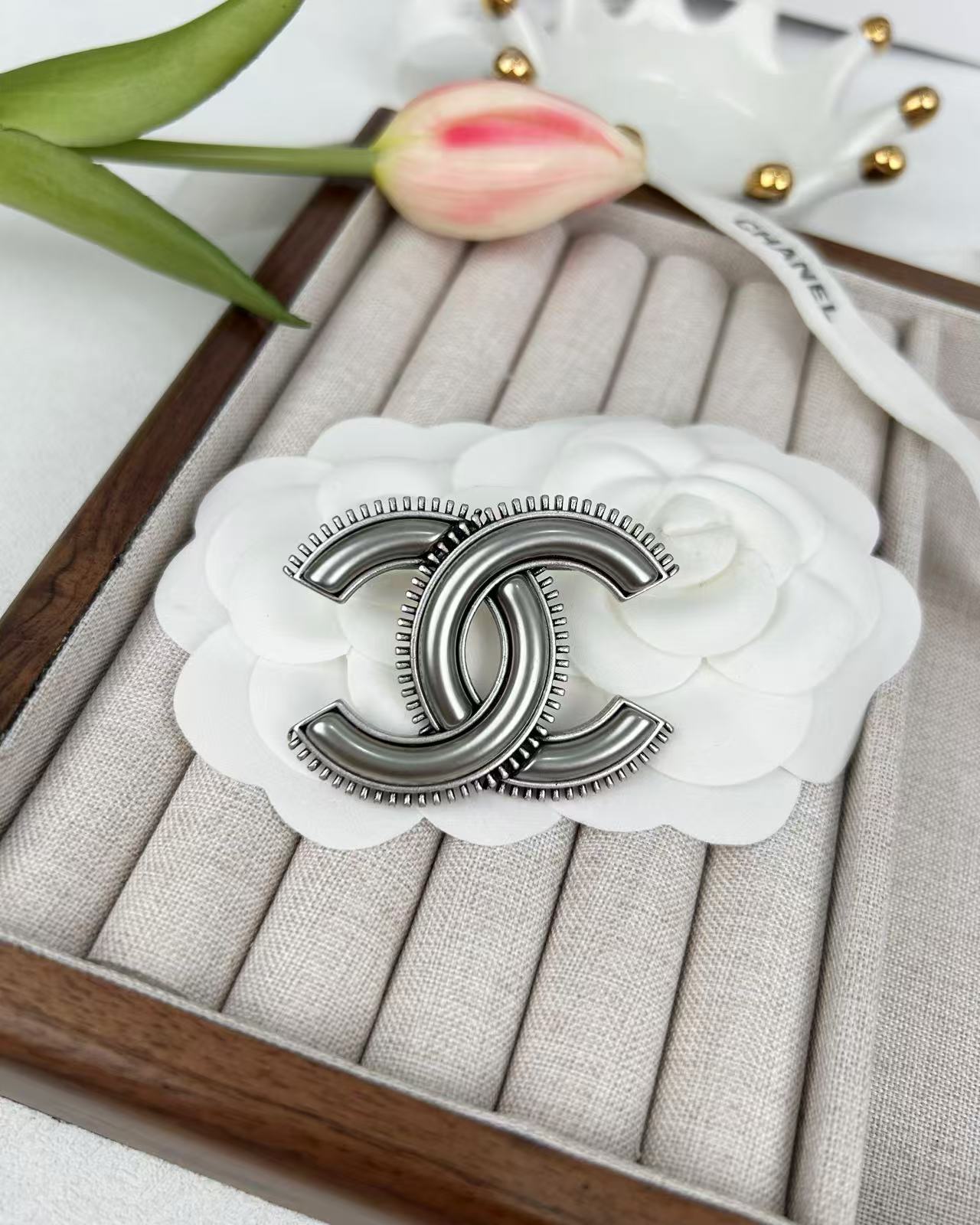 Chanel Vintage Gray CC Brooch - Original Replica Club