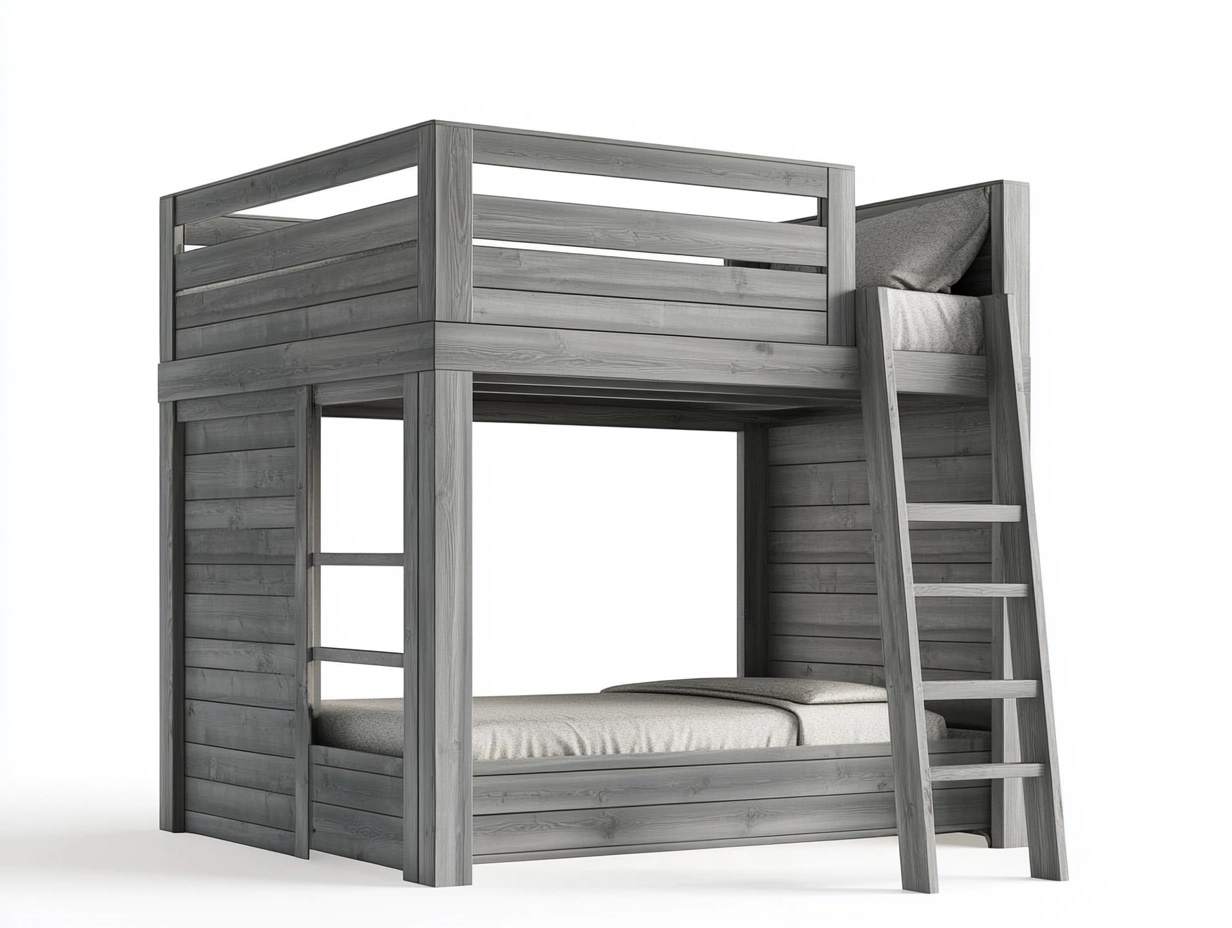 Litera de madera gris de 200x100 cm para dormitorio juvenil con escalera diseño moderno y estructura robusta
