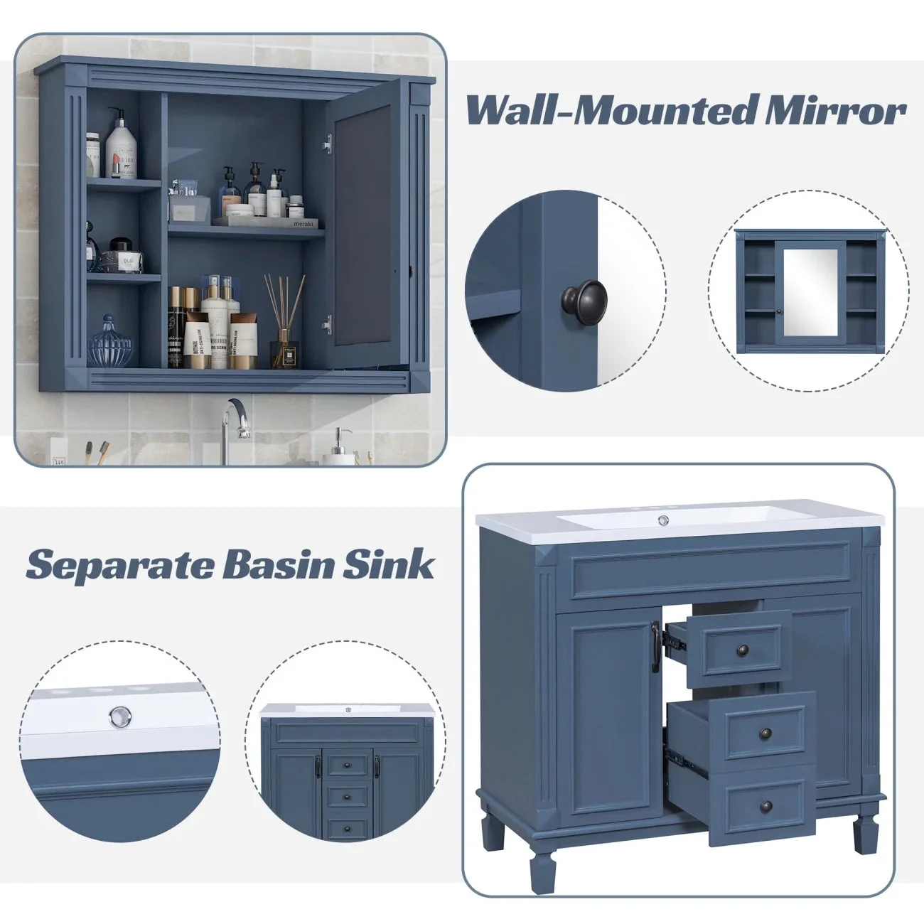 36'' Bathroom Vanity Set With Ceramic Sink Top, Mirror Cabinet, 2 Doors And 2 Drawers - Gray - Image 15 36'' Bathroom Vanity Set With Ceramic Sink Top, Mirror Cabinet, 2 Doors And 2 Drawers - Gray - Image 15