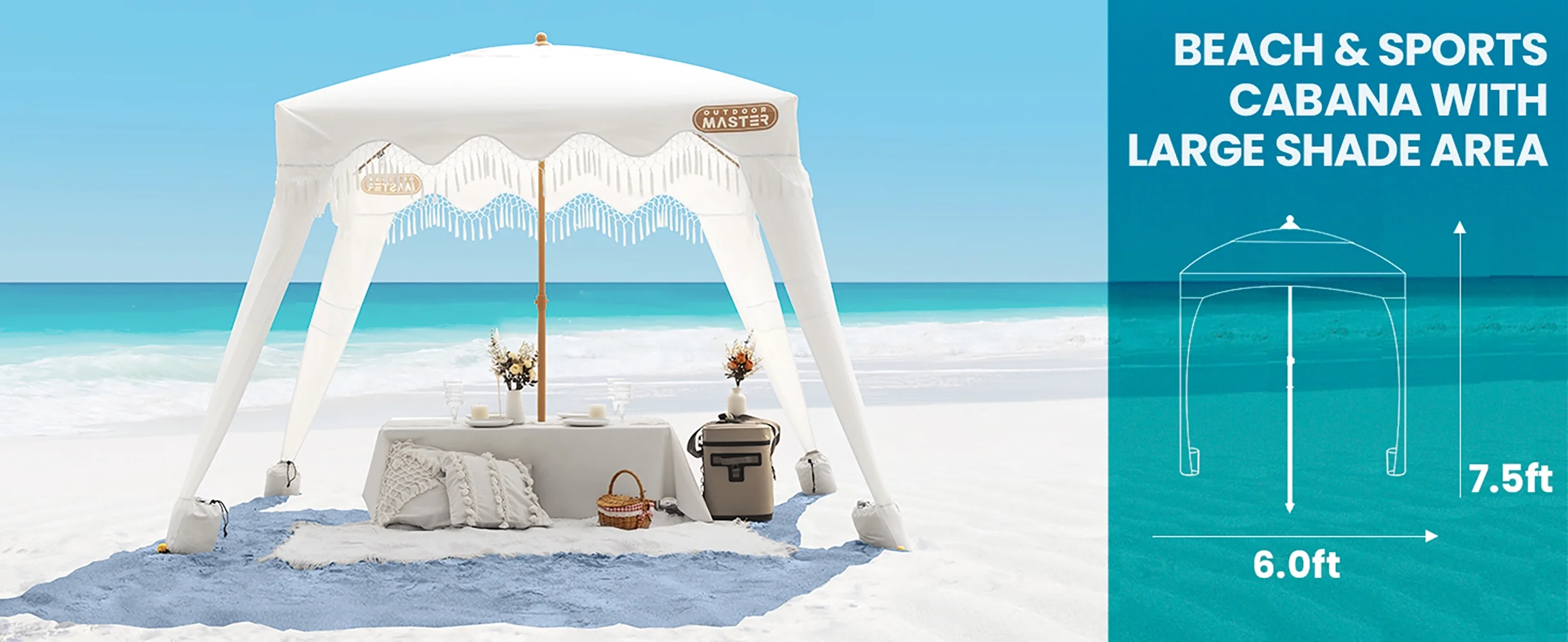 OutdoorMaster Beach Cabana with Fringe, Portable 6' x 6' Beach Canopy, Easy Set Up Beach Shelter, Included Side Wall, UPF 50+ UV Protection Sun Umbrella - for Kids, Family & Friends - Image 12