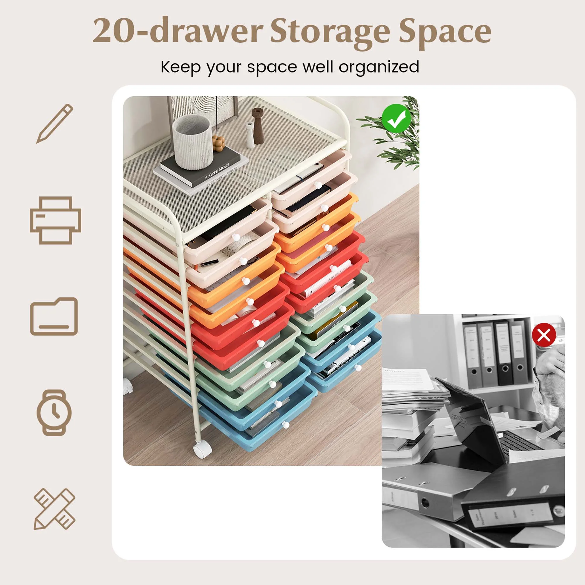 Costway 20 Drawer Rolling Storage Cart Tools Scrapbook Paper Office School Organizer Yellow - Image 29