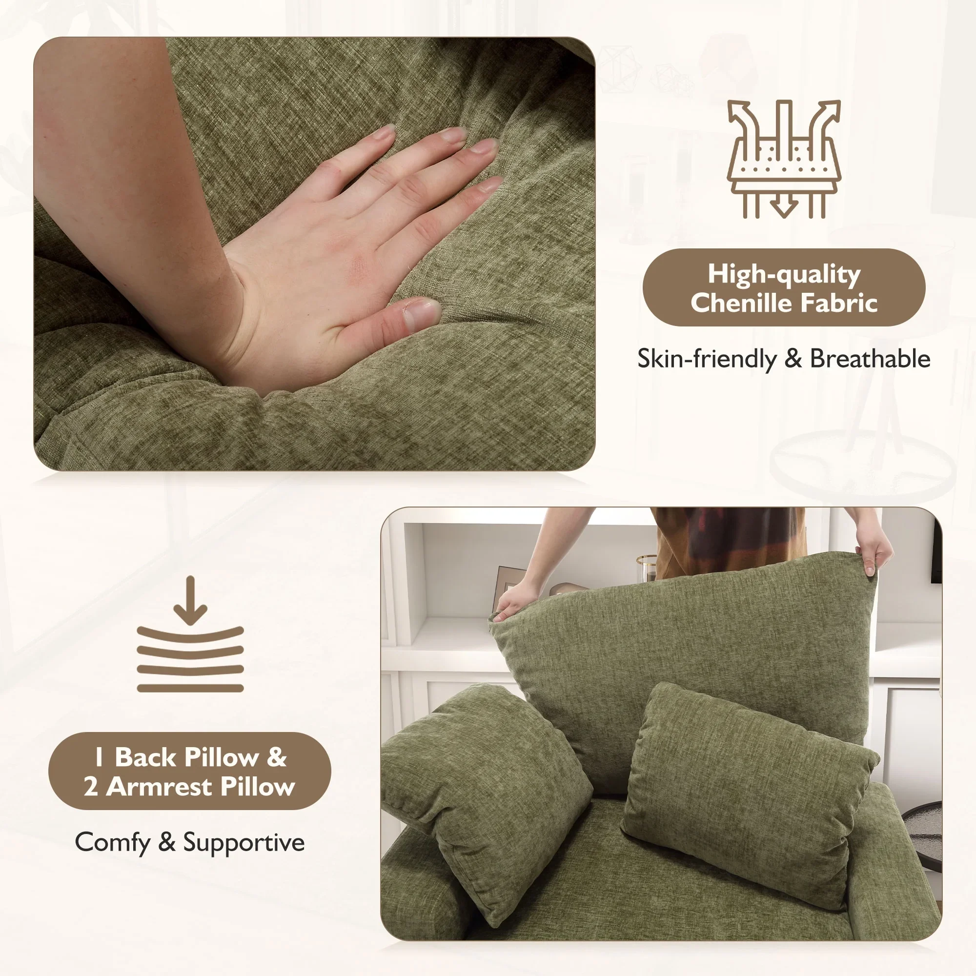 BedLuxury Oversized Accent Chair with Ottoman for Living Room, Single Sleeper Sofa Armchair with 3 Pillows, Lounge Sofa Bed, Green