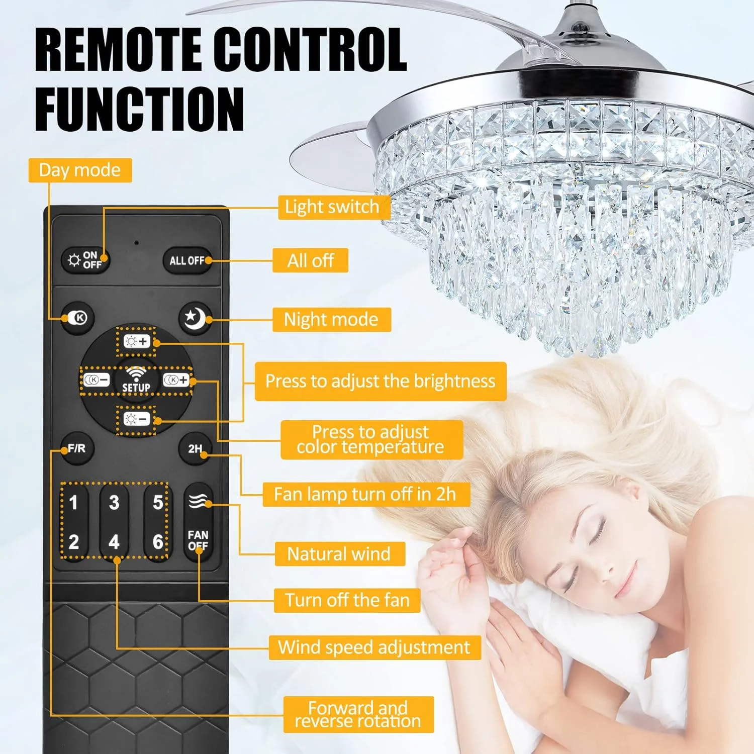 Datingday 42 Inch Crystal Ceiling Fan Golden Crystal Ceiling Fan Chandelier with Remote 6 Speeds 3 Colors Changes Lighting Fixture, 4 Blades Retractable Fans for Bedroom Living Room Dining Room - Image 20