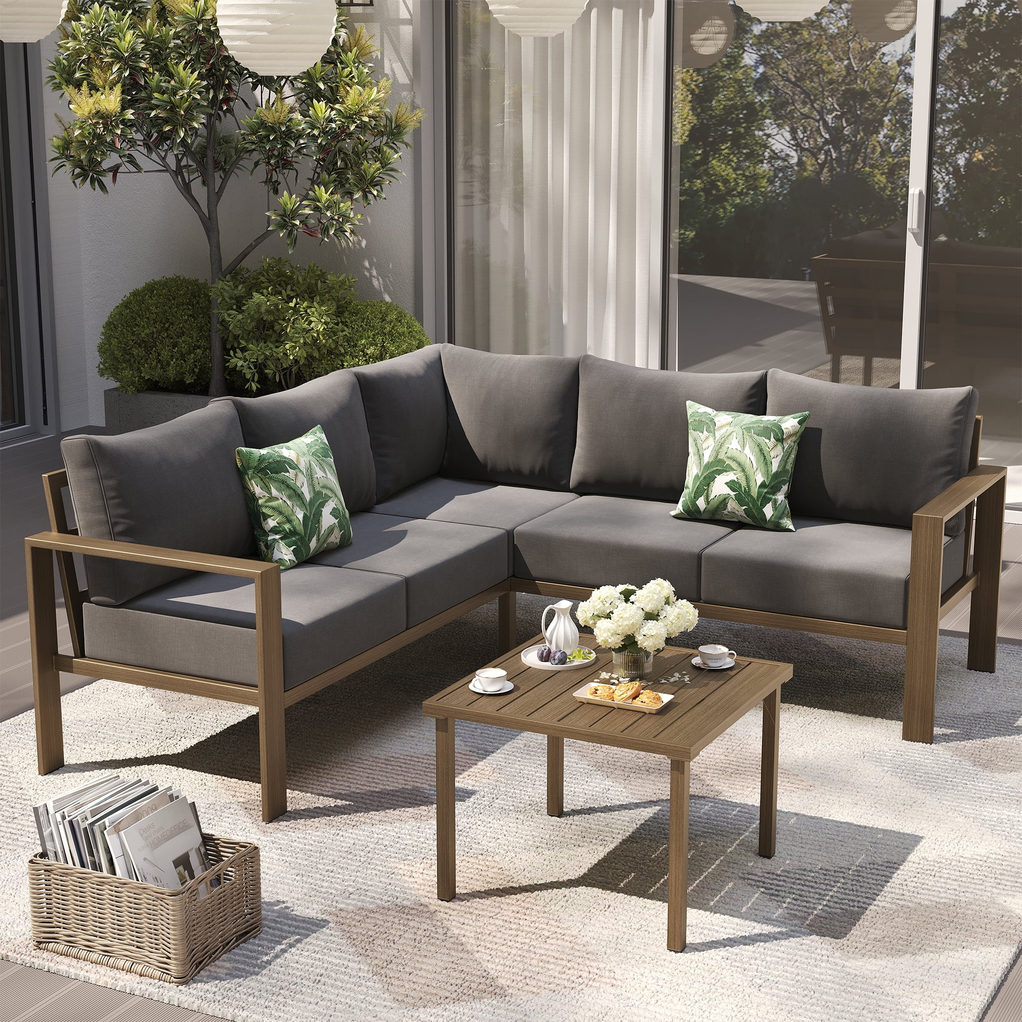 ELPOSUN 6 Pieces Patio Furniture Sets with 6" Thick Olefin Cushions, Metal Outdoor Sectional Furniture L Shape Patio Conversation Sets for Garden, Backyard Beige - Image 11