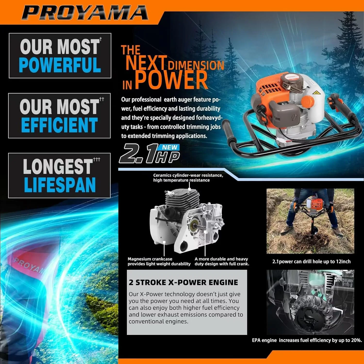 PROYAMA 54cc Post Hole Digger 2 Stroke Gas Powered Earth Digger, 5-Year Warranty Gear Box, 4 Drill Bits 4" 6" 8" 12" + Extension Rod - Image 4