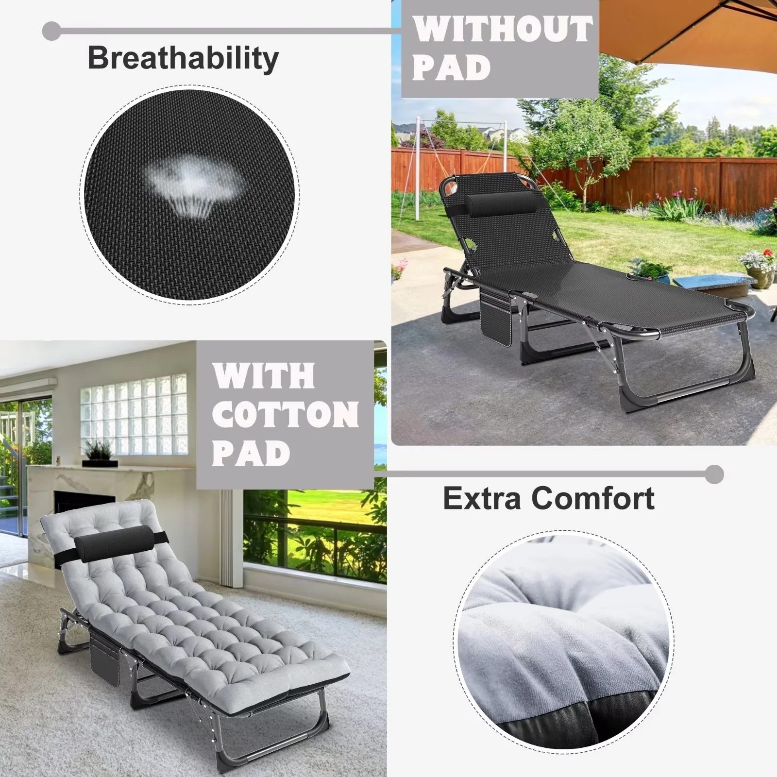 MOPHOTO Lounge Chair with Mattress, Outdoor Chaise Lounge Support 440 Lbs, Adjustable Portable Heavy Duty Sleeping Cots Bed for Camping, Pool, Beach, Patio - Image 16