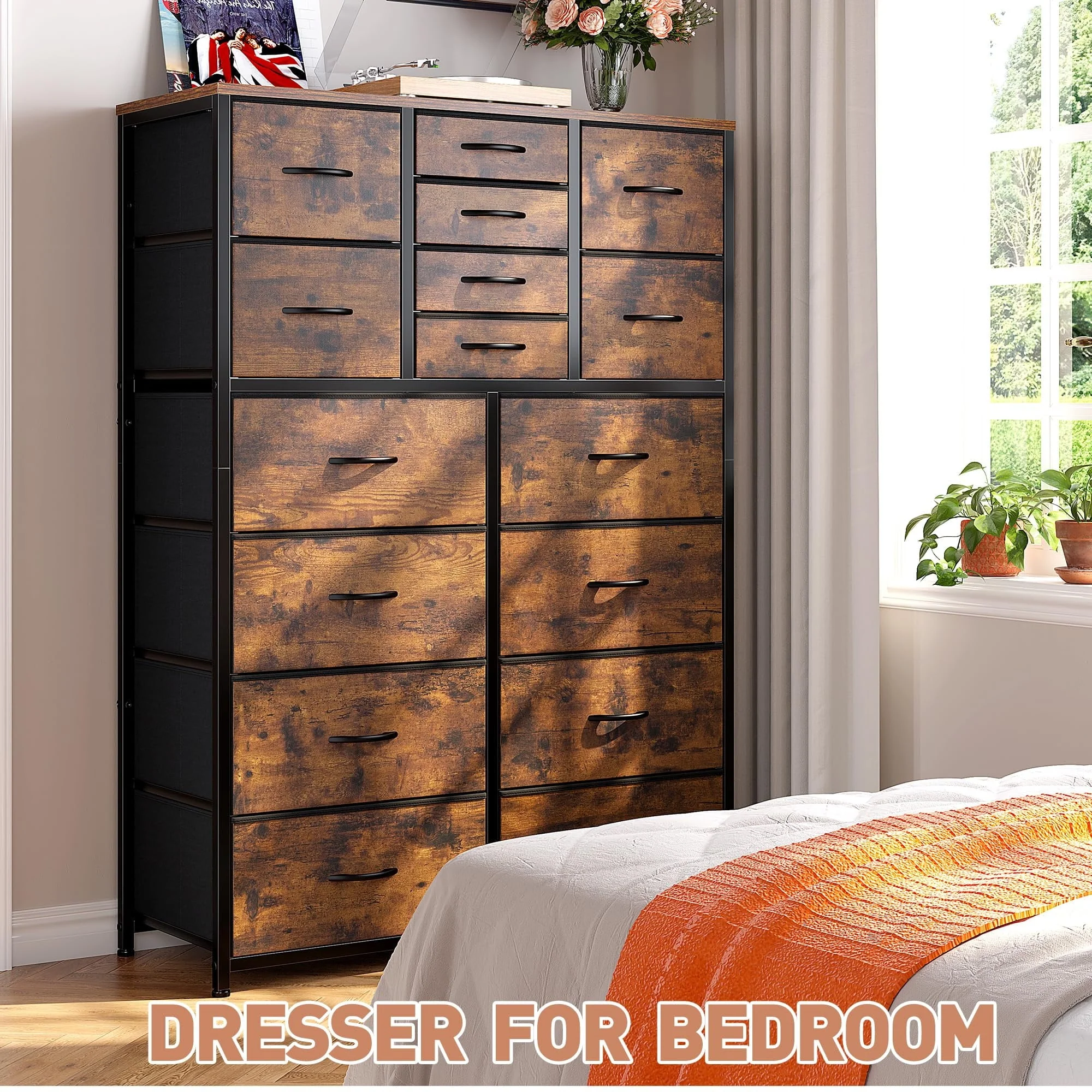 EnHomee Large Dresser for Bedroom Furniture Dresser with 16 Drawers Fabric Tall Dresser Closet Dresser Chest of Drawers Clothes Storage Slim for Living Room Office, Rustic Brown Wood Grain Print - Image 9