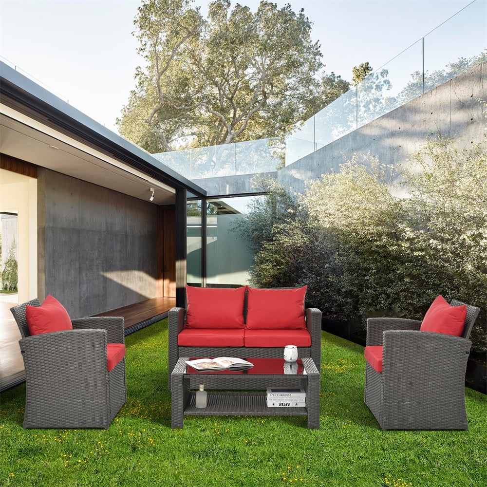 4 Pieces Patio Conversation Set, Outdoor Furniture Set with Cushion, Outside Sectional Rattan Wicker Sofa Furniture Set for Garden, Porch, Backyard, Gray - Image 20