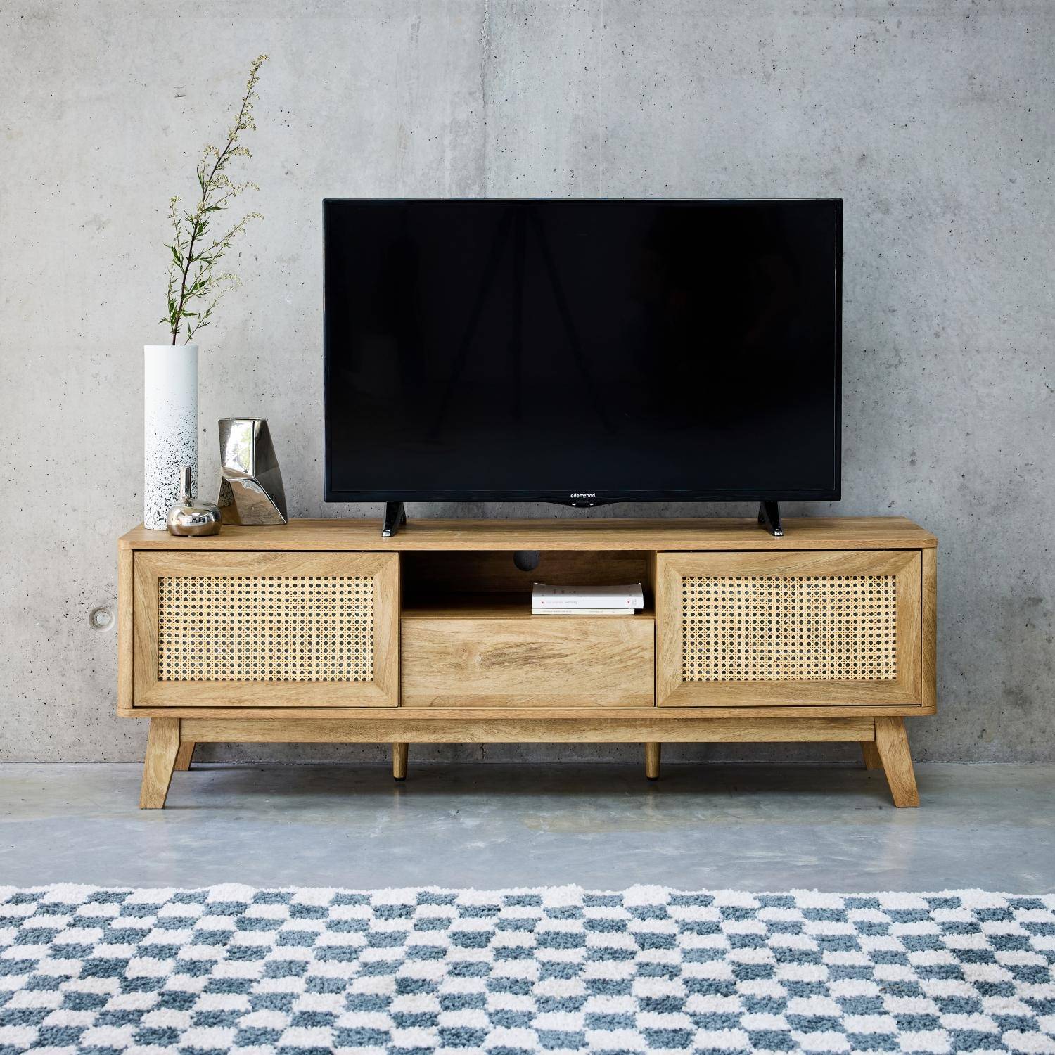 Mani - Mueble TV con puertas correderas, taquilla, estante efecto madera y caña 150cm