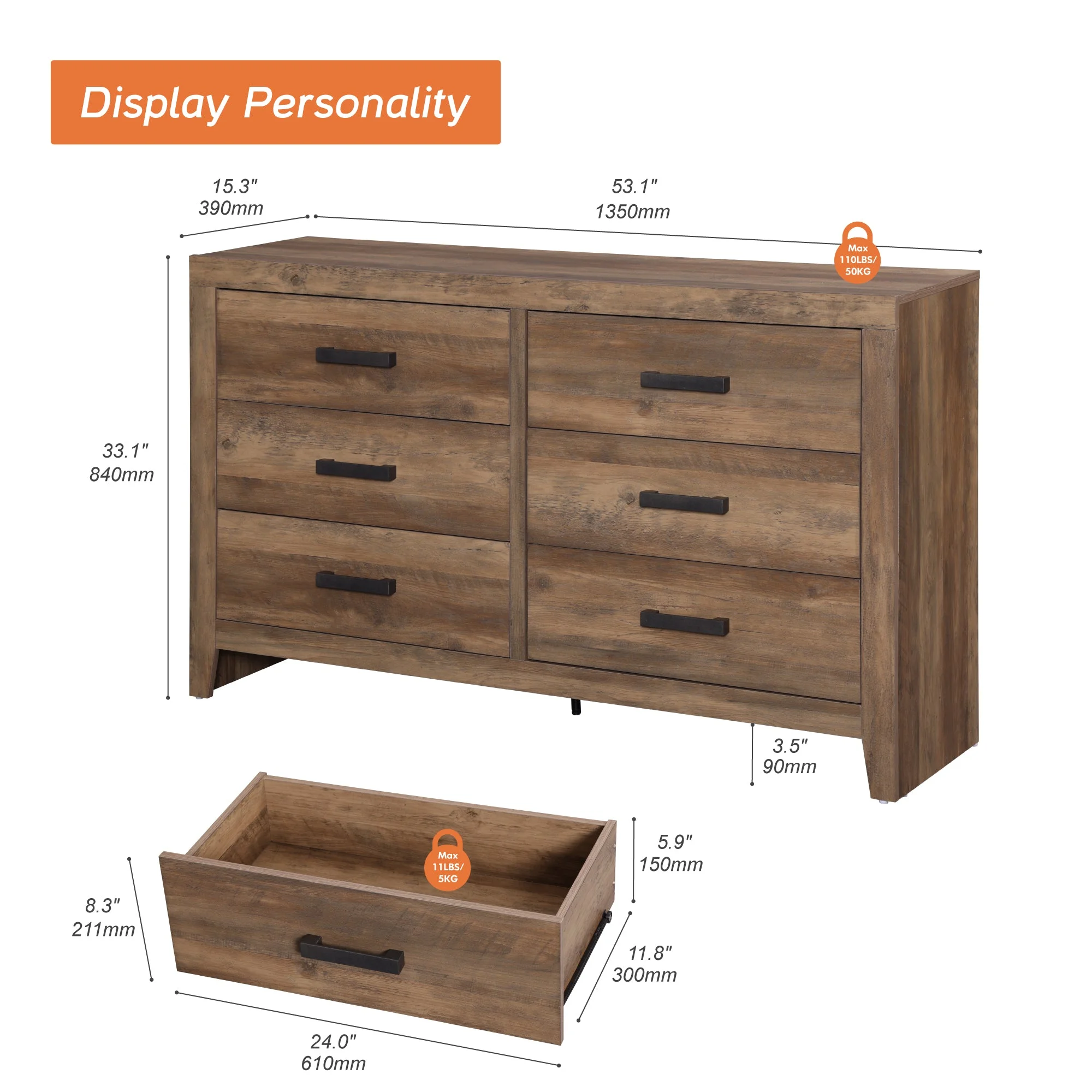 WAMPAT Dresser for Bedroom with 6 Drawers, Kids Dressers with Wide Chest of Drawers, Mid Century Modern Wooden Closet Storage Organizer, Large Wood Dresser for Living Room, Nursery, Brown - Image 3