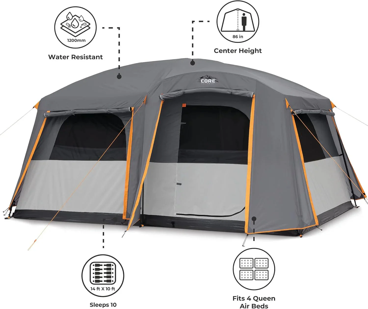 CORE Straight Wall Cabin Tents | 10 Person / 11 Person / 12 Person Large Multi Room Family Tents for Car Camping & Outdoor Adventures