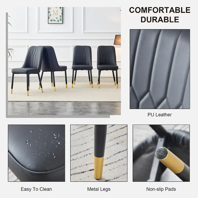 Contemporary Set of 4 Faux Leather Dining Chairs with Cushioned Backrests and Metal Legs – Ideal for Dining Rooms, Living Rooms, and Bedrooms