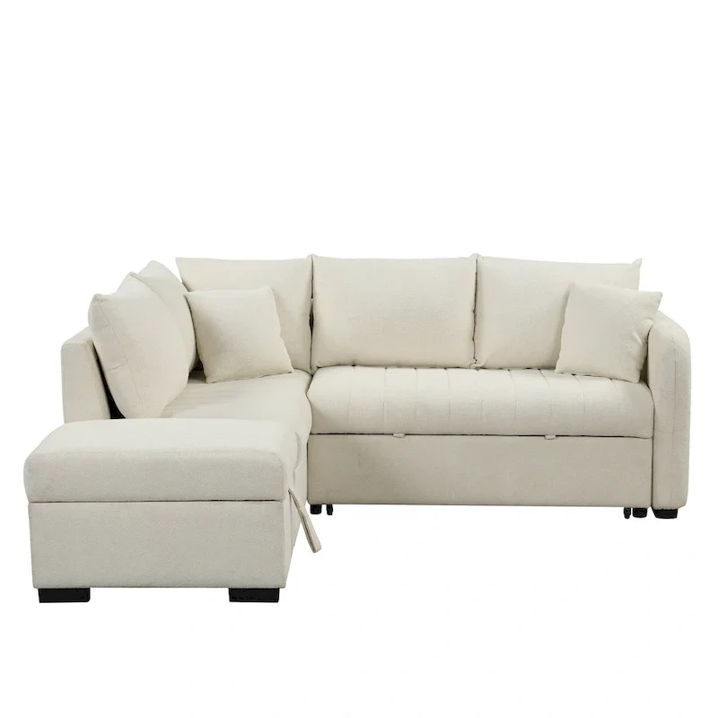 82.6" L-Shaped Sectional Sofa Bed with Pull-Out Feature, USB Ports, Power Sockets, and Movable Storage Ottoman - Bei