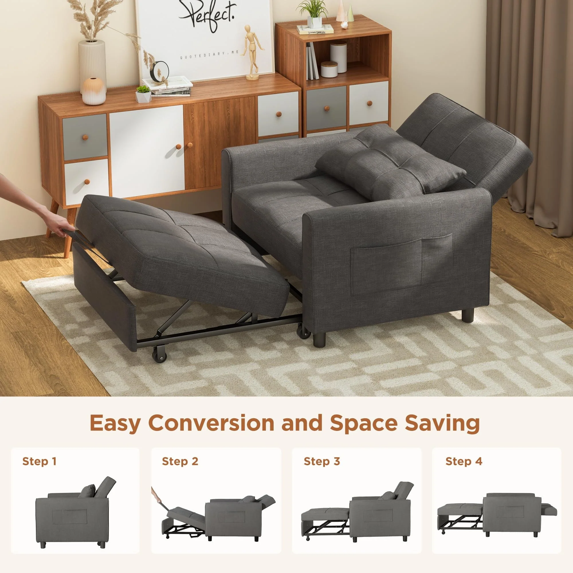 Convertible Sofa Bed, 73.6'' 3 in 1 Sleeper Chair Bed with Adjustable Backrest, Dark Gray - Image 3