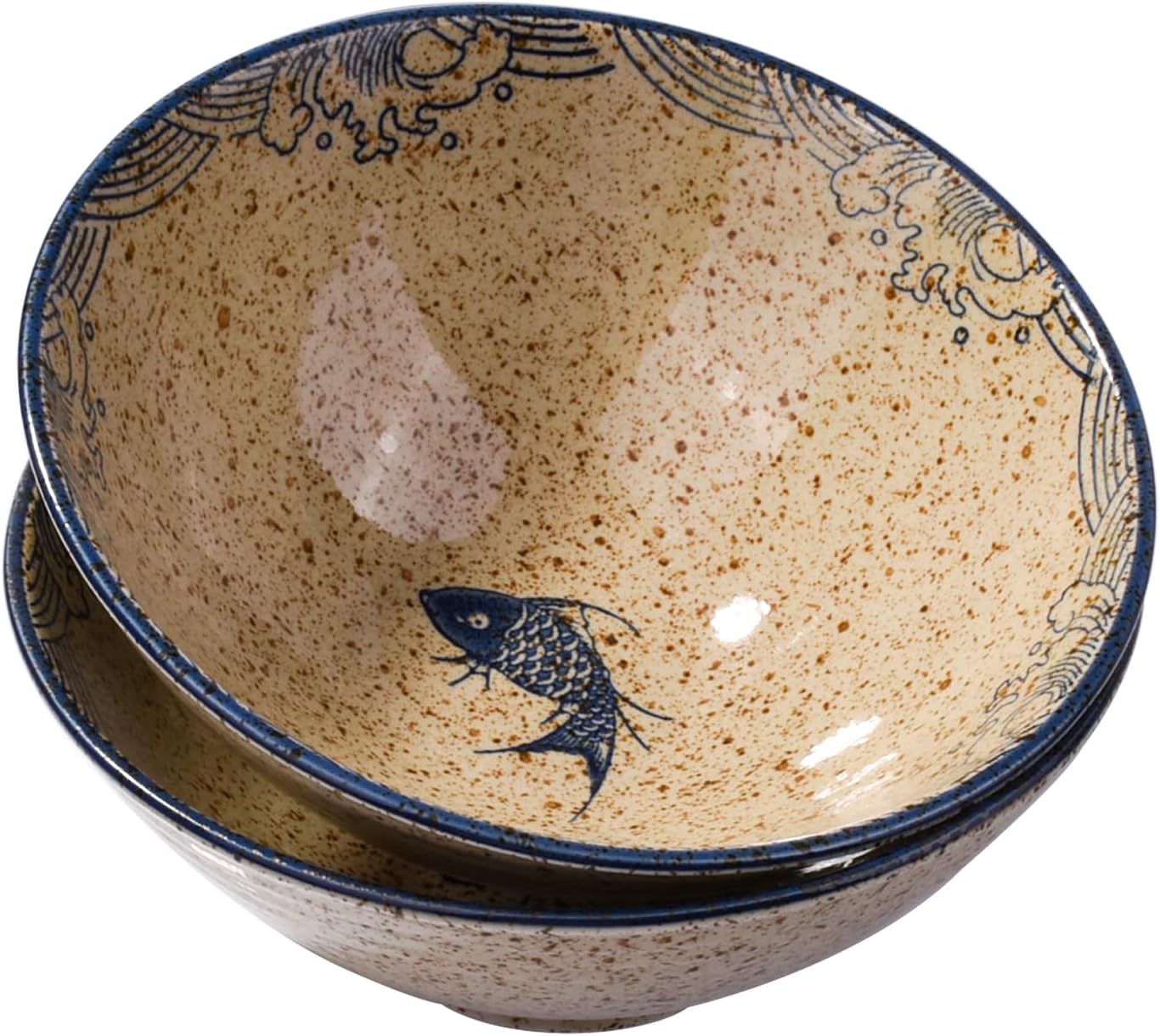 8-inch Ceramic Ramen Bowls with Fish Design, Japanese Style Soup Ramen Noodle Bowls, Set of 2, Dishwasher & Microwave Safe