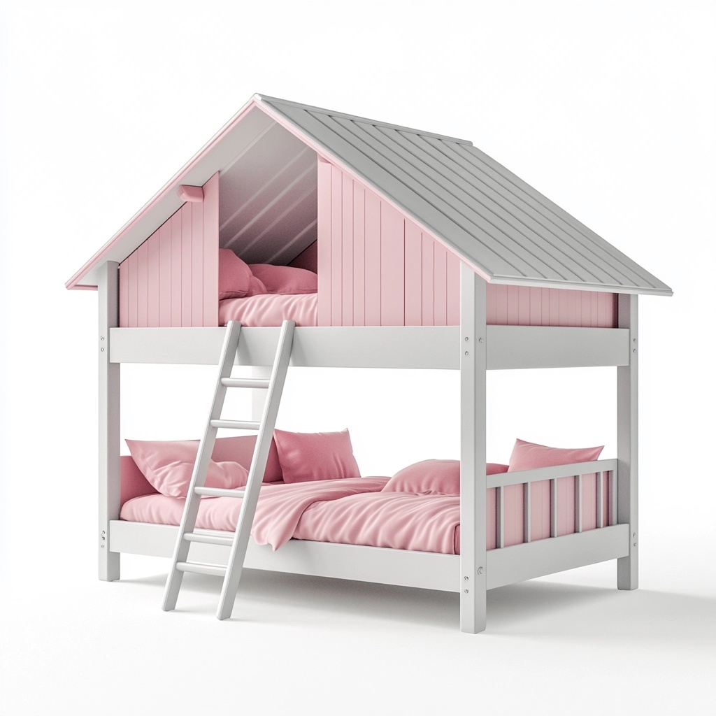 Litera de Casa de Madera para Niños Color Rosa y Blanco con Escalera Integrada