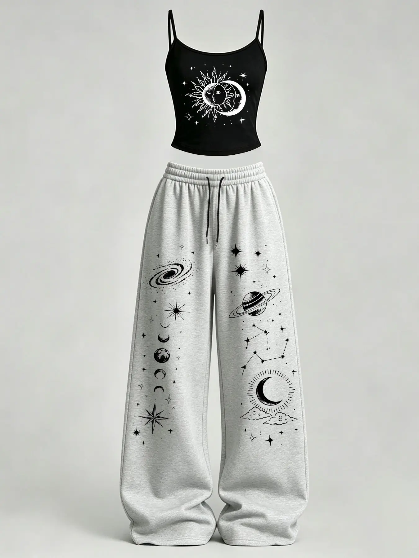 Women's Casual Tank Top Set, Sun Moon Star Print Slim Fit Vest + Loose Pants TeeThreads Sustain the Scene with Custom Apparel