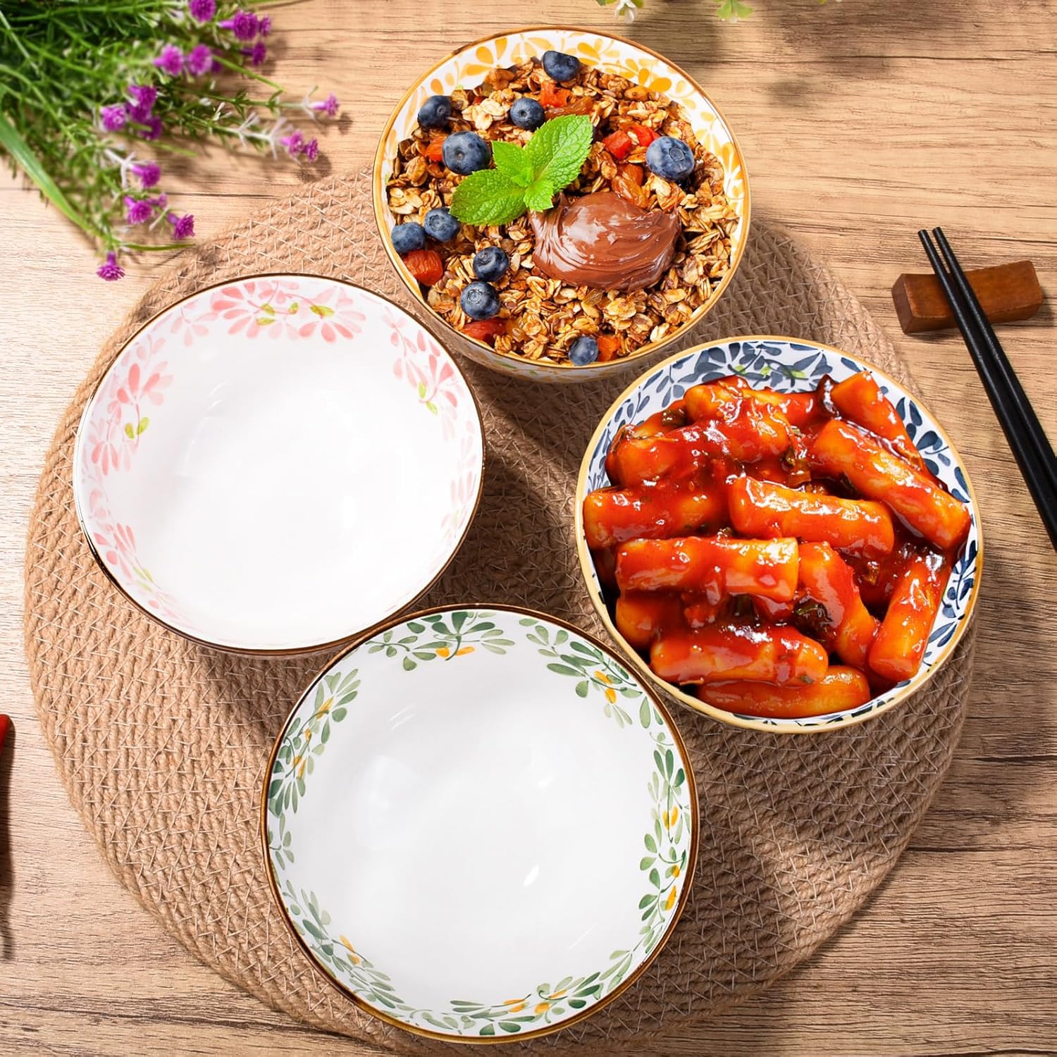 Japanese Ceramic Rice Bowls Set of 4, Porcelain Dessert Bowls Ice Cream Bowls Set Microwave Safe for Snacks, Salad, Dips, Rice