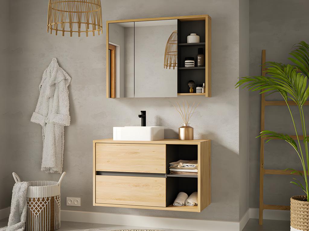 Mueble de baño flotante con lavabo cuadrado y armario de baño color natural - 100 cm - PURNAL