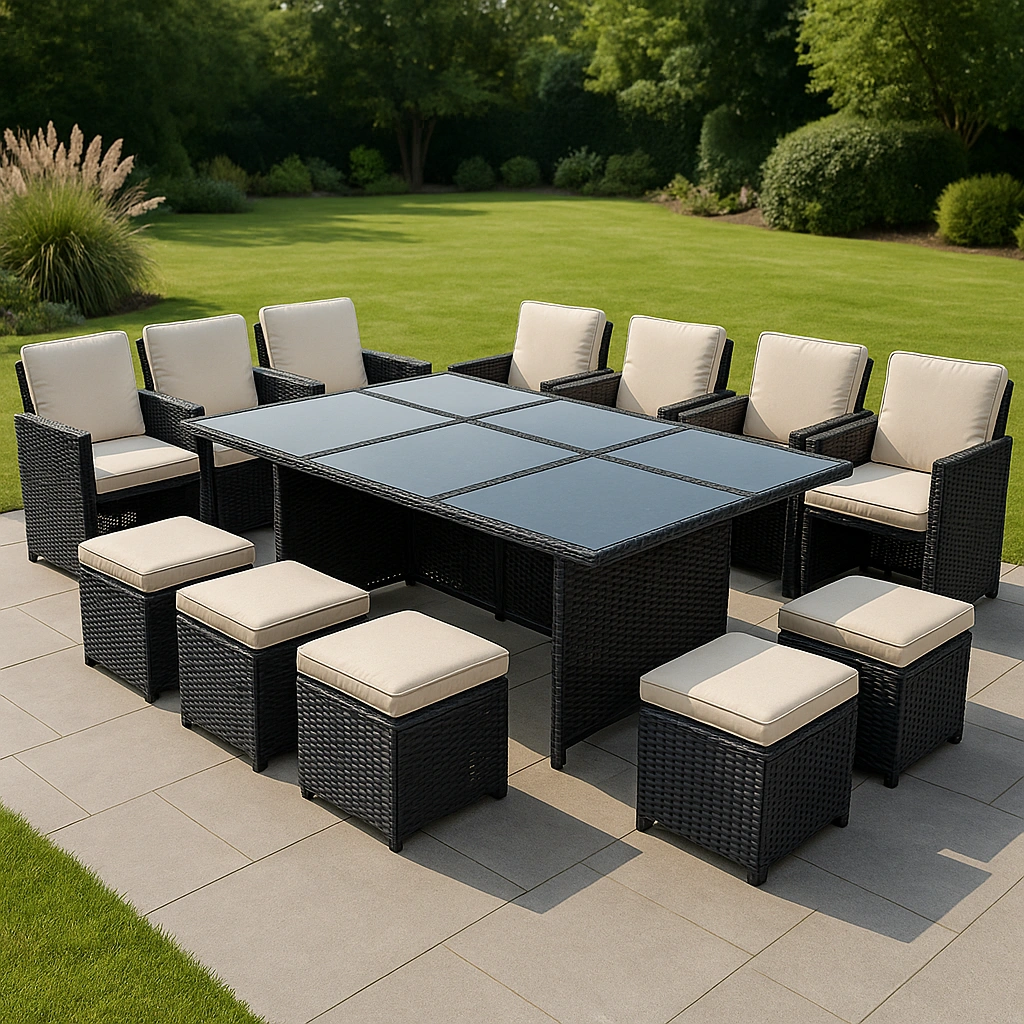 Conjunto comedor exterior + mesa rectangular con sillones y taburetes + negro/beige + ratán PE + exterior/interior
