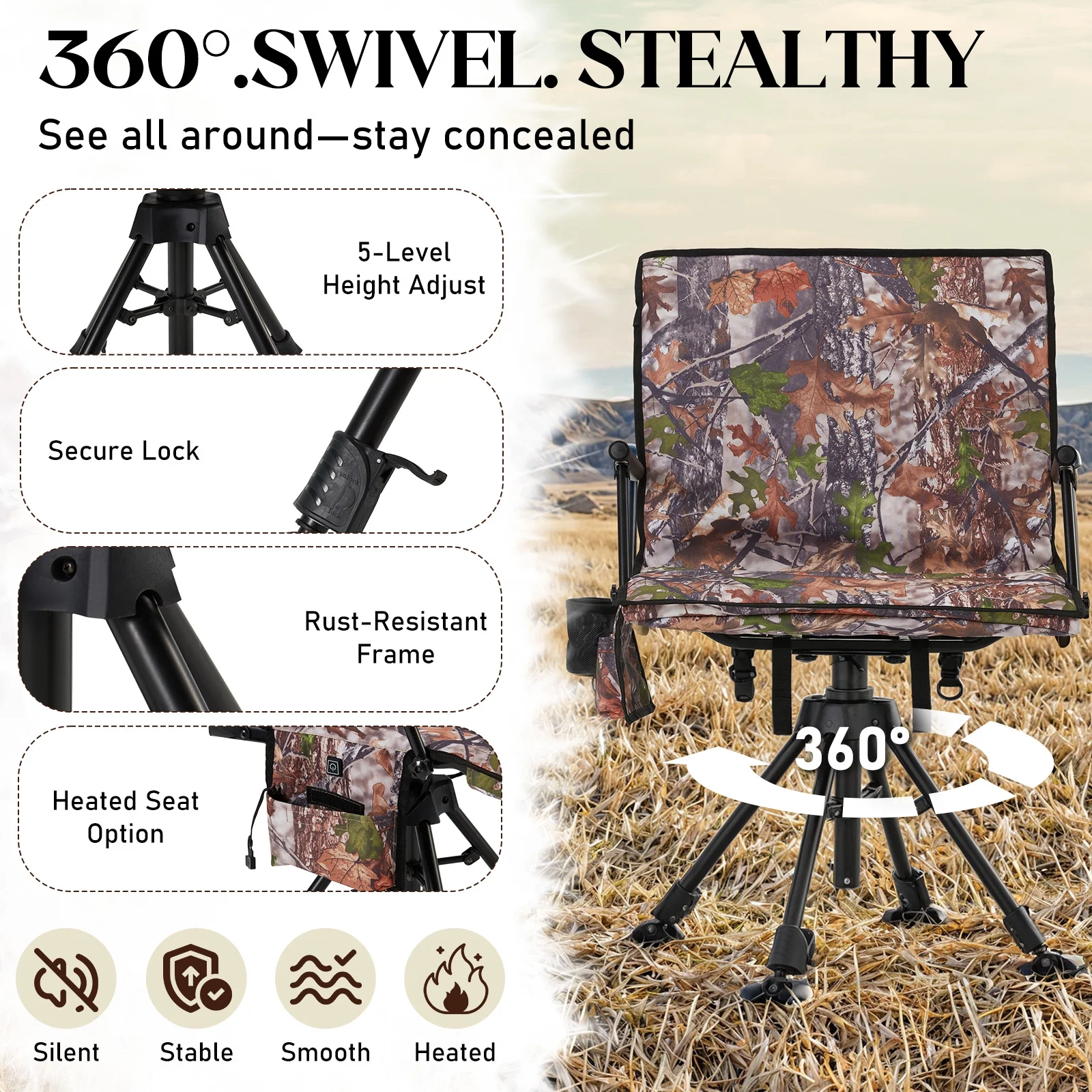 Danrelax 360- Silent Camo Hunting Blind Chair, Armrests, Side Pouch, Telescopic Legs - Image 25